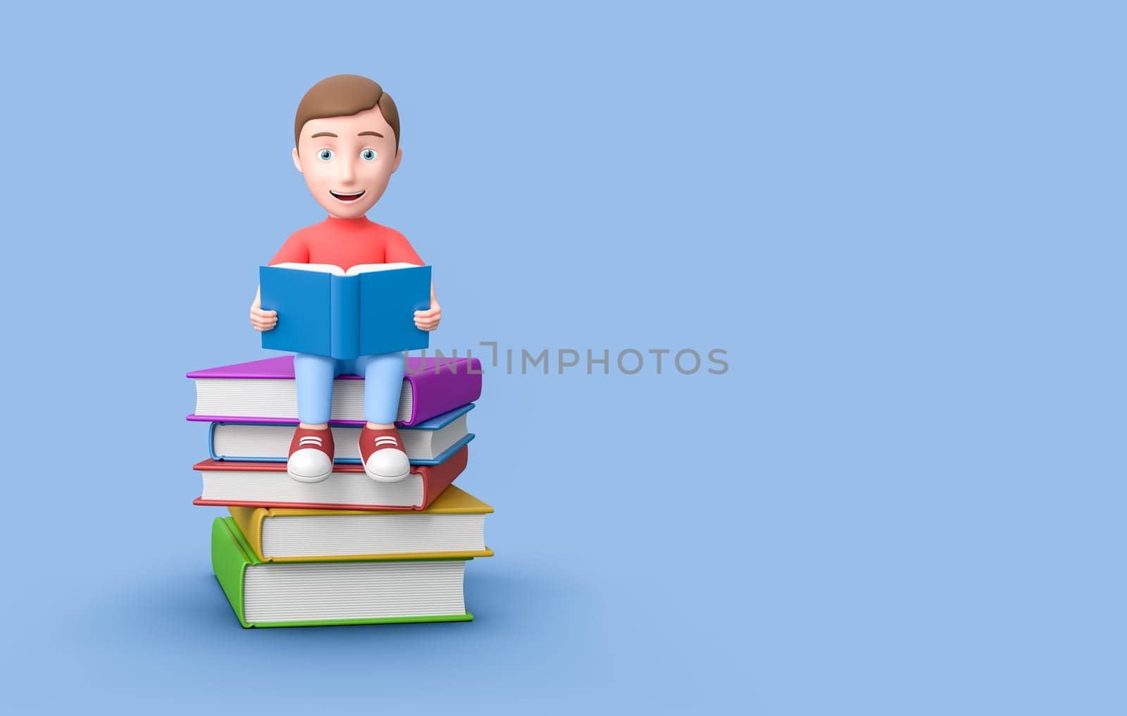 Cute Happy Young Kid Reading while Sitting on a Stack of Colorful Books. 3D Cartoon Character on Blue Background with Copy Space 3D Illustration