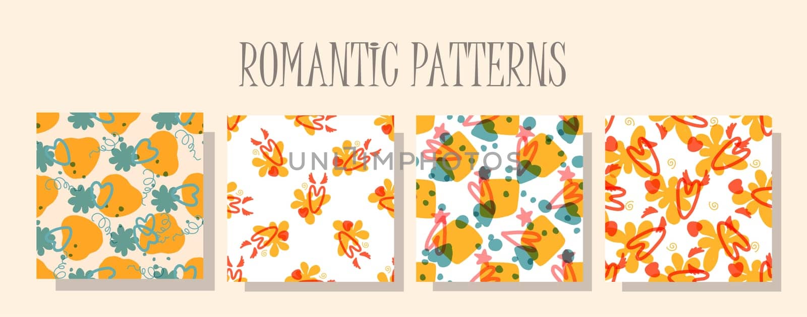 Romantic love pattern. A set of patterns in the same style. Valentine's day digital paper. Children's textile design. Seamless design. hearts pattern.