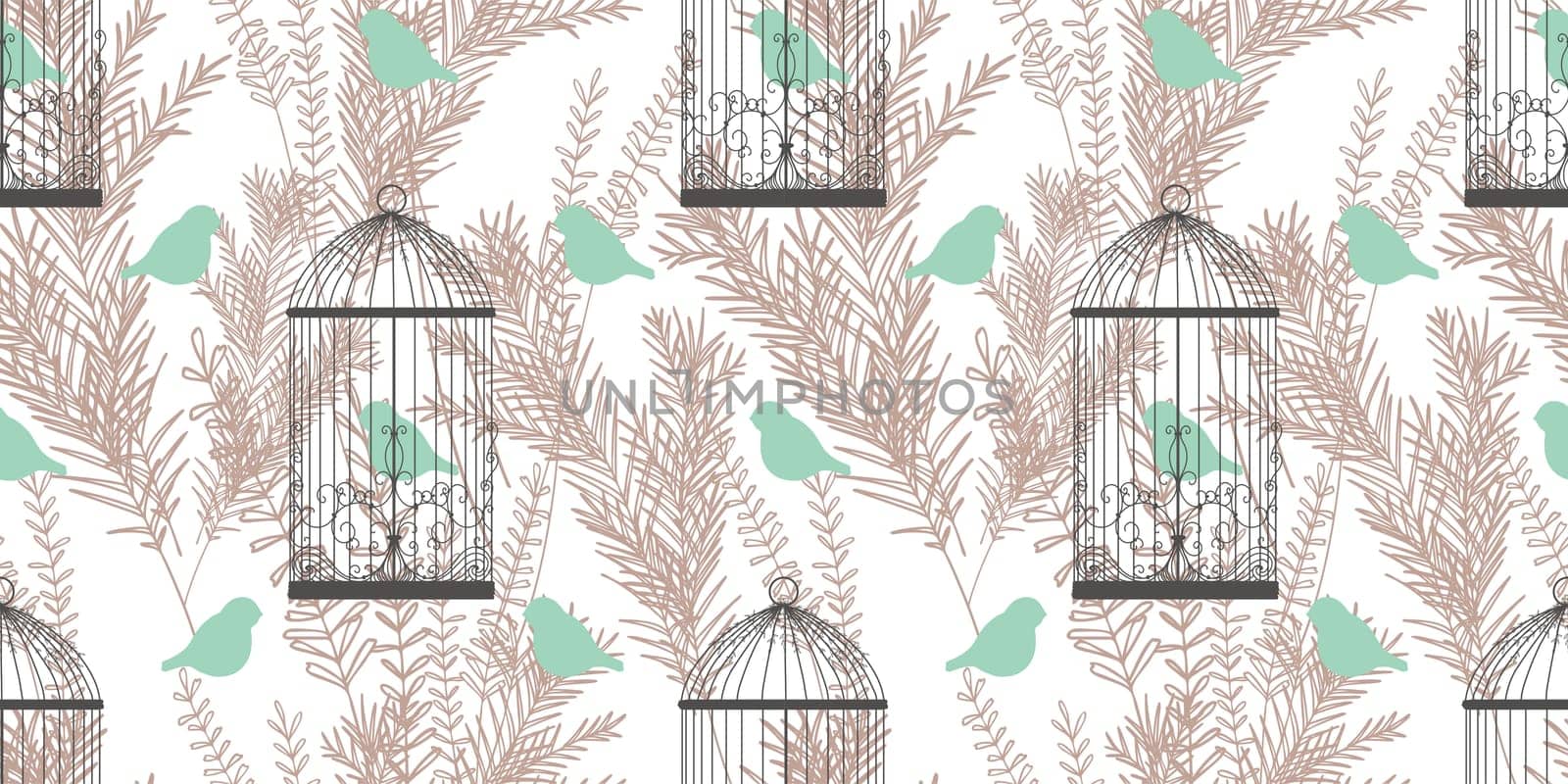 Stylish pattern with birds and cages in Victorian style. Birds of Paradise. Golden branches drawing. A modern pattern for wallcoverings, fabrics and textiles.