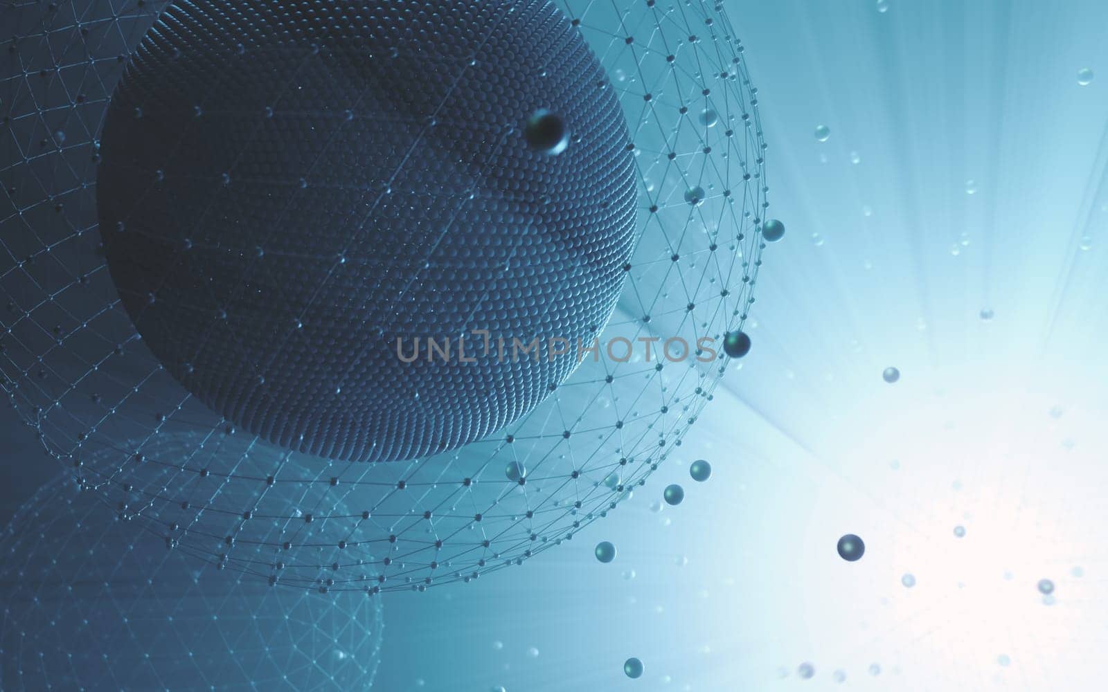 Biotech cell interconnected lines. 3D illustration, biotechnology or biotech.