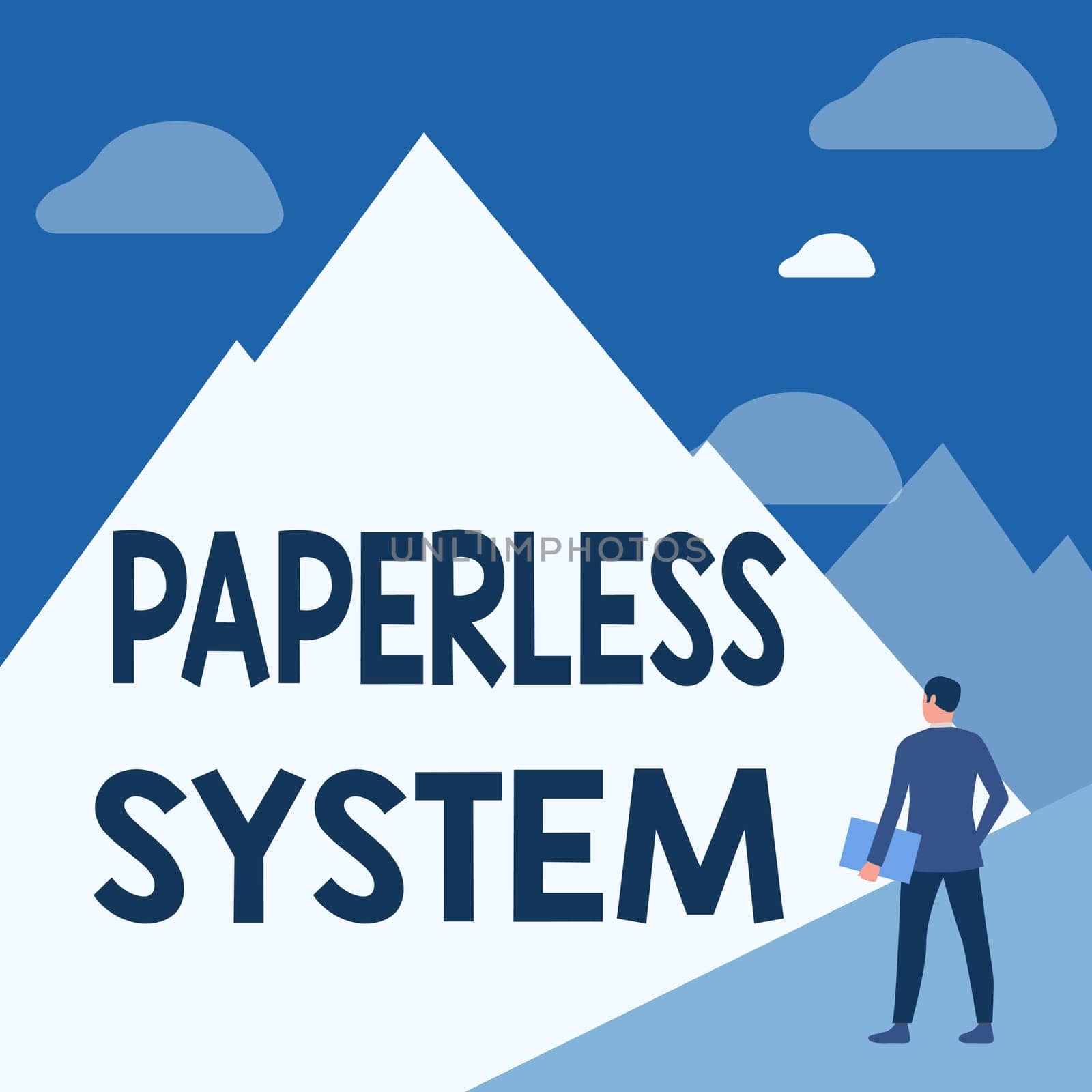 Conceptual caption Paperless System, Business showcase storage or communication of information in electronic form Gentleman In Suit Standing Holding Notebook Facing Tall Mountain Range.