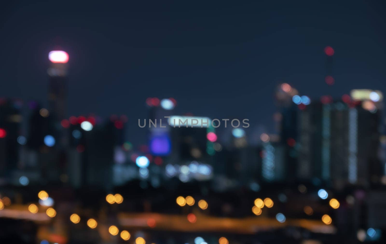 Blurred night abstract background of cityscape view lights bokeh