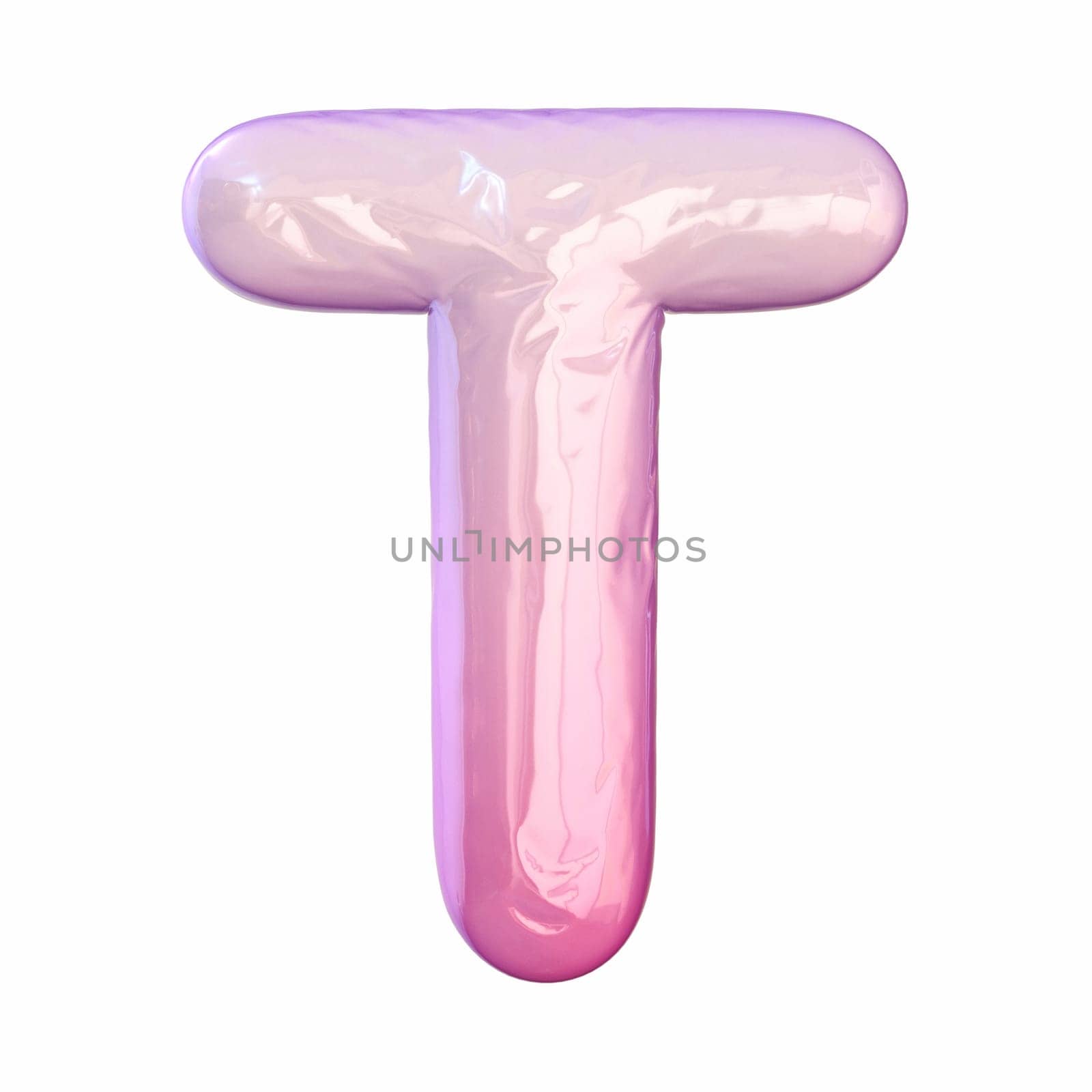 Pink latex glossy font Letter T 3D rendering illustration isolated on white background