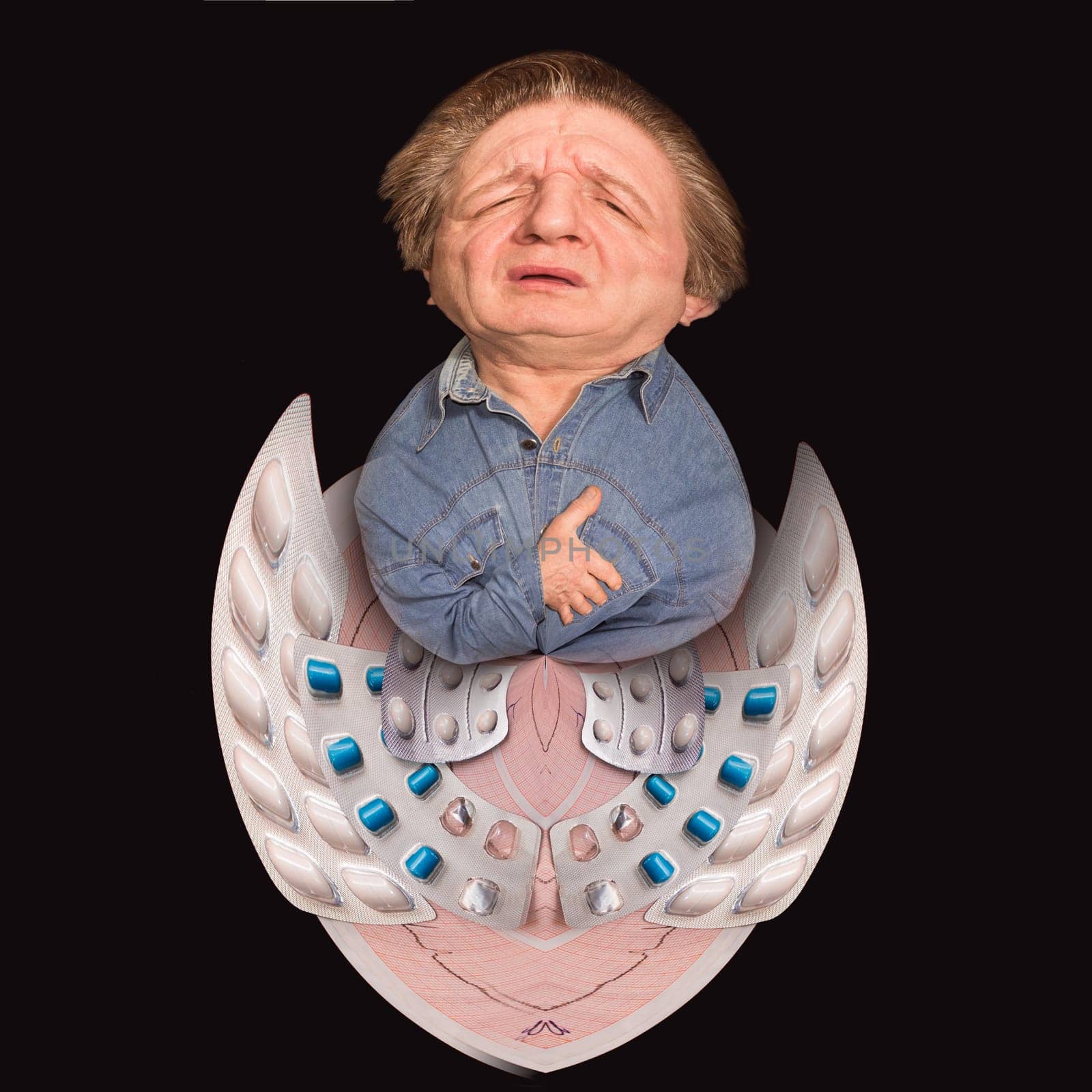 Portrait of old man suffering chest pain on black background
