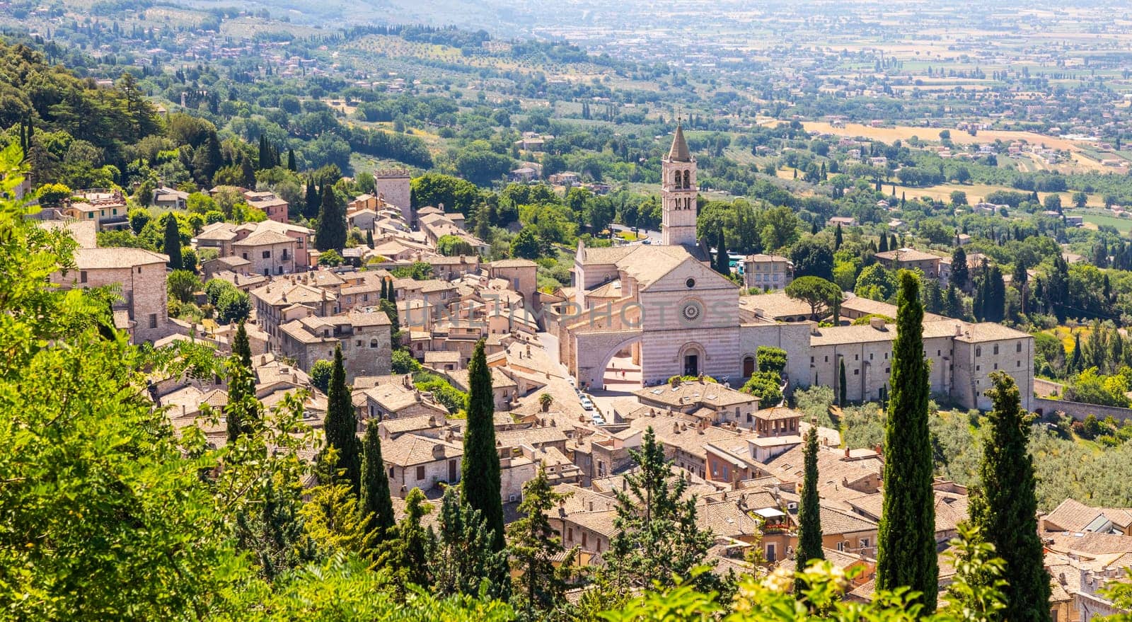 Assisi village in Umbria region, Italy. The town is famous for the most important Italian St. Francis Basilica (Basilica di San Francesco)