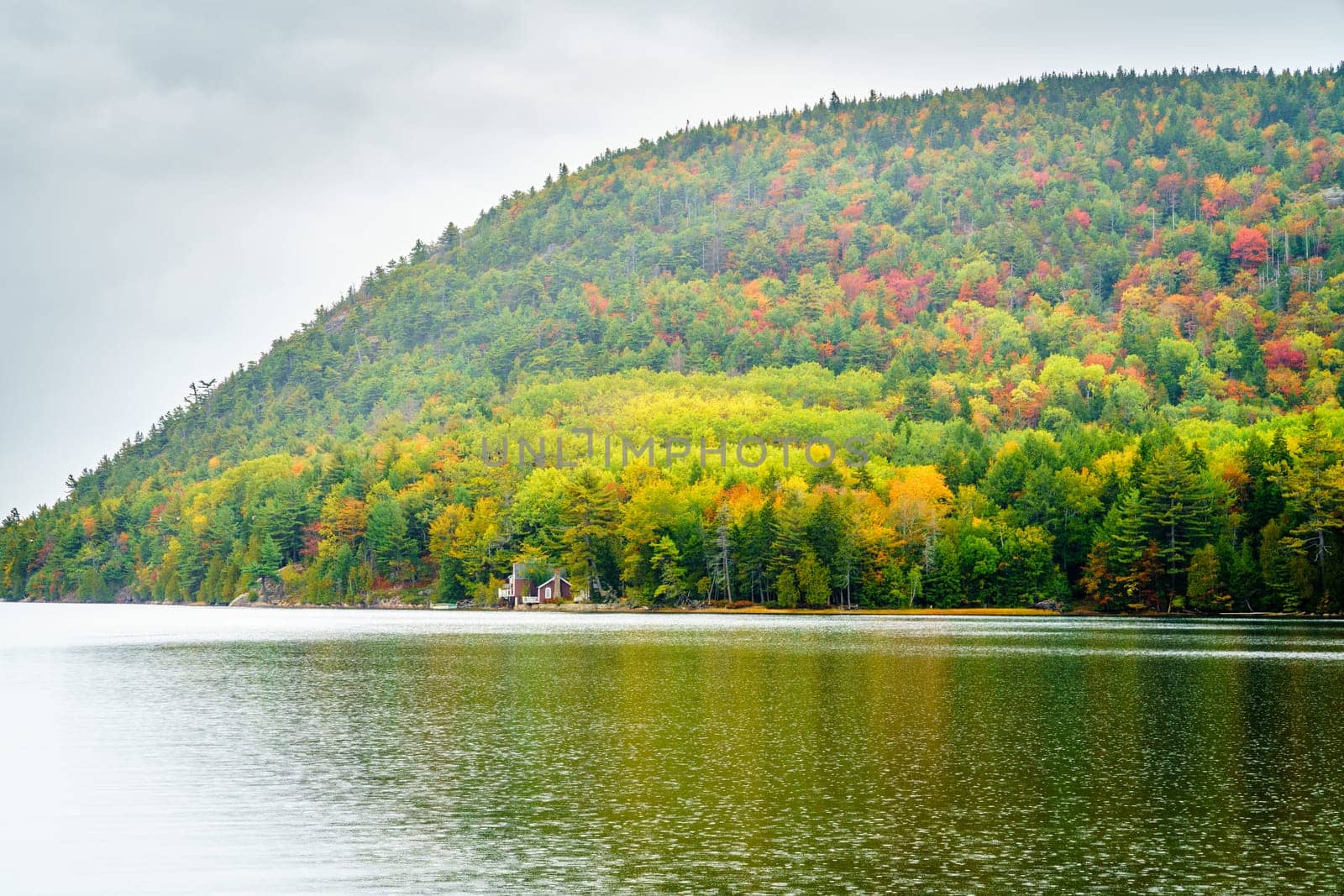 Rain over Long Pond in Acadia National Park in Maine