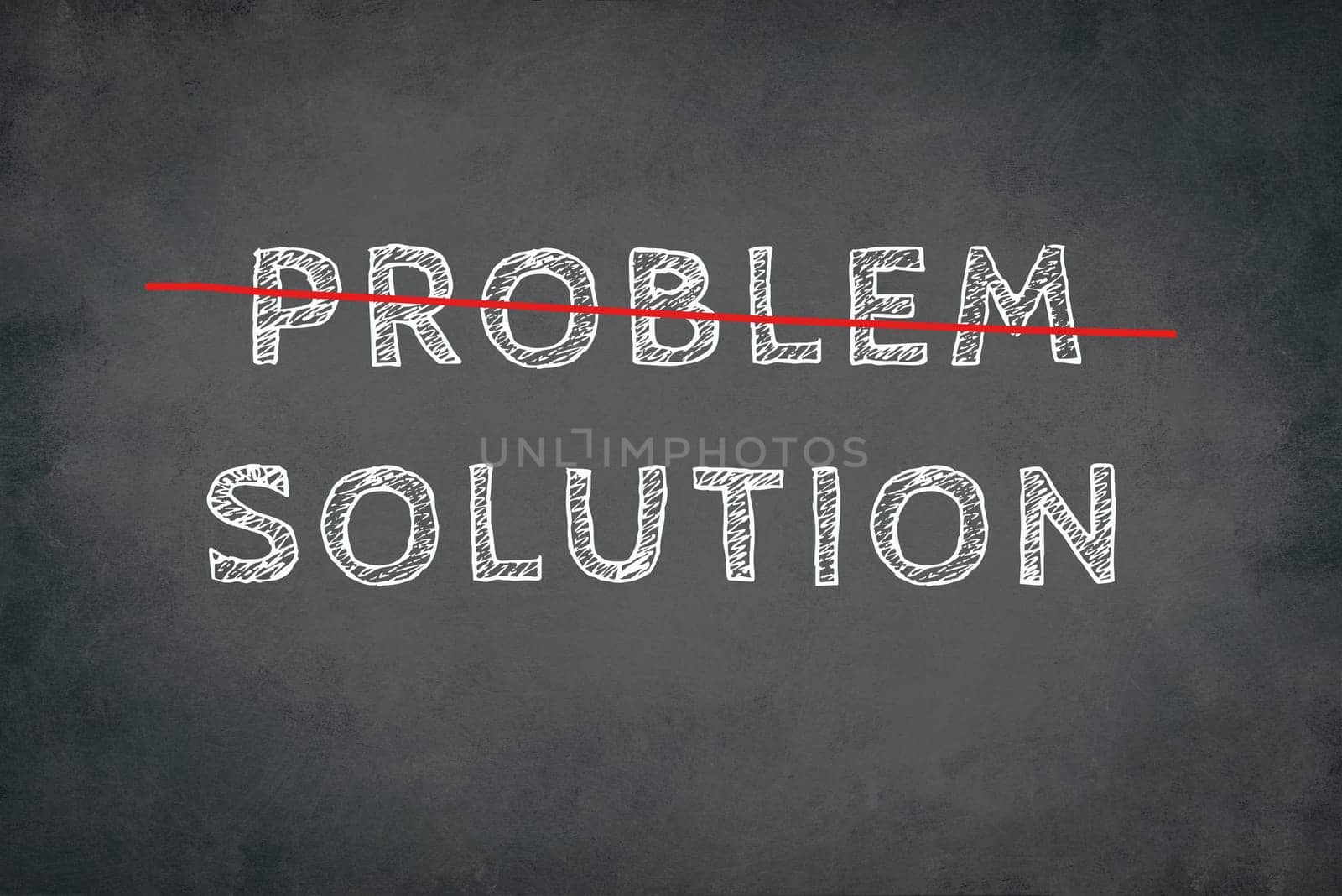 The words problem and solution are standing on a blackboard, written with chalk