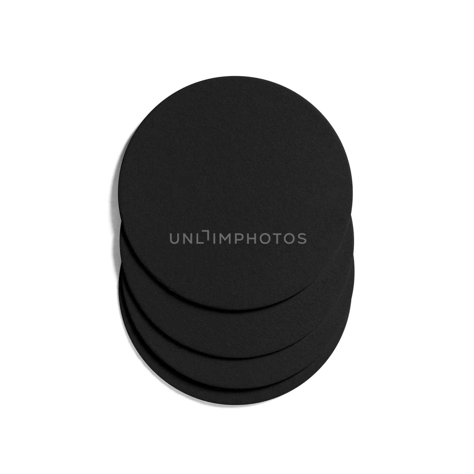 Blank black beer coasters isolated on white background. Clipping path. Flat lay.