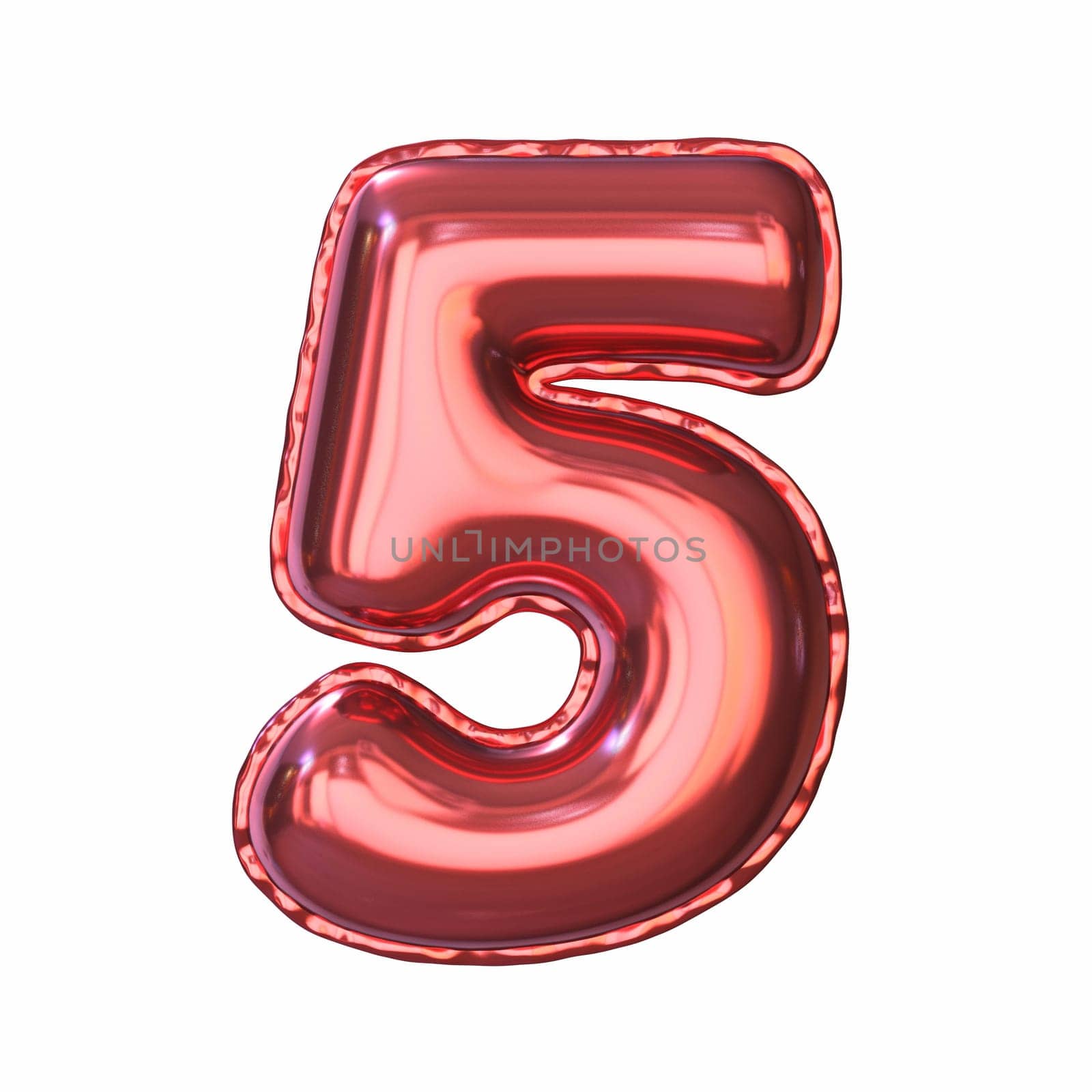 Red metallic balloon font Number 5 FIVE 3D rendering illustration isolated on white background