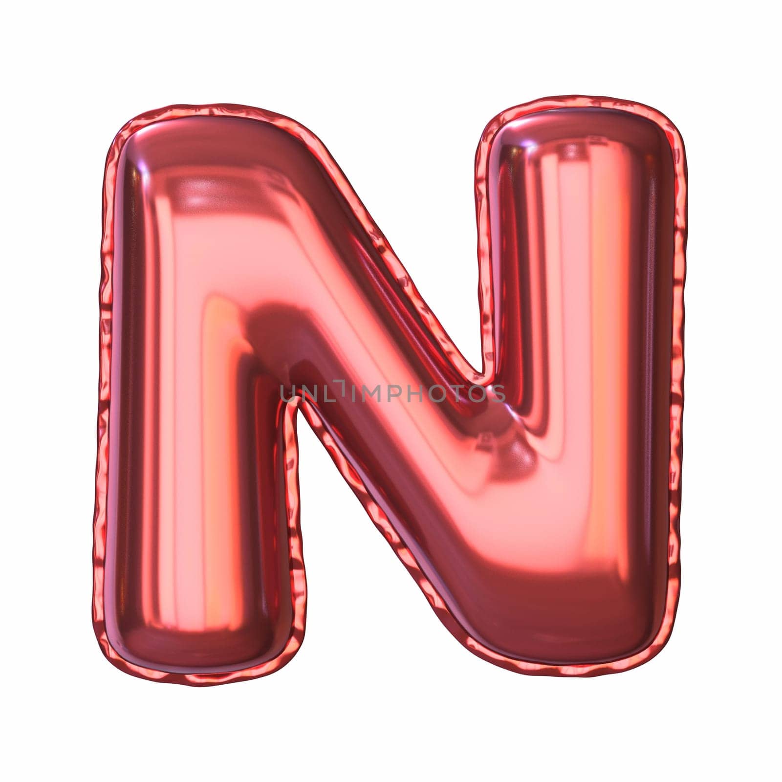 Red metallic balloon font Letter N 3D rendering illustration isolated on white background