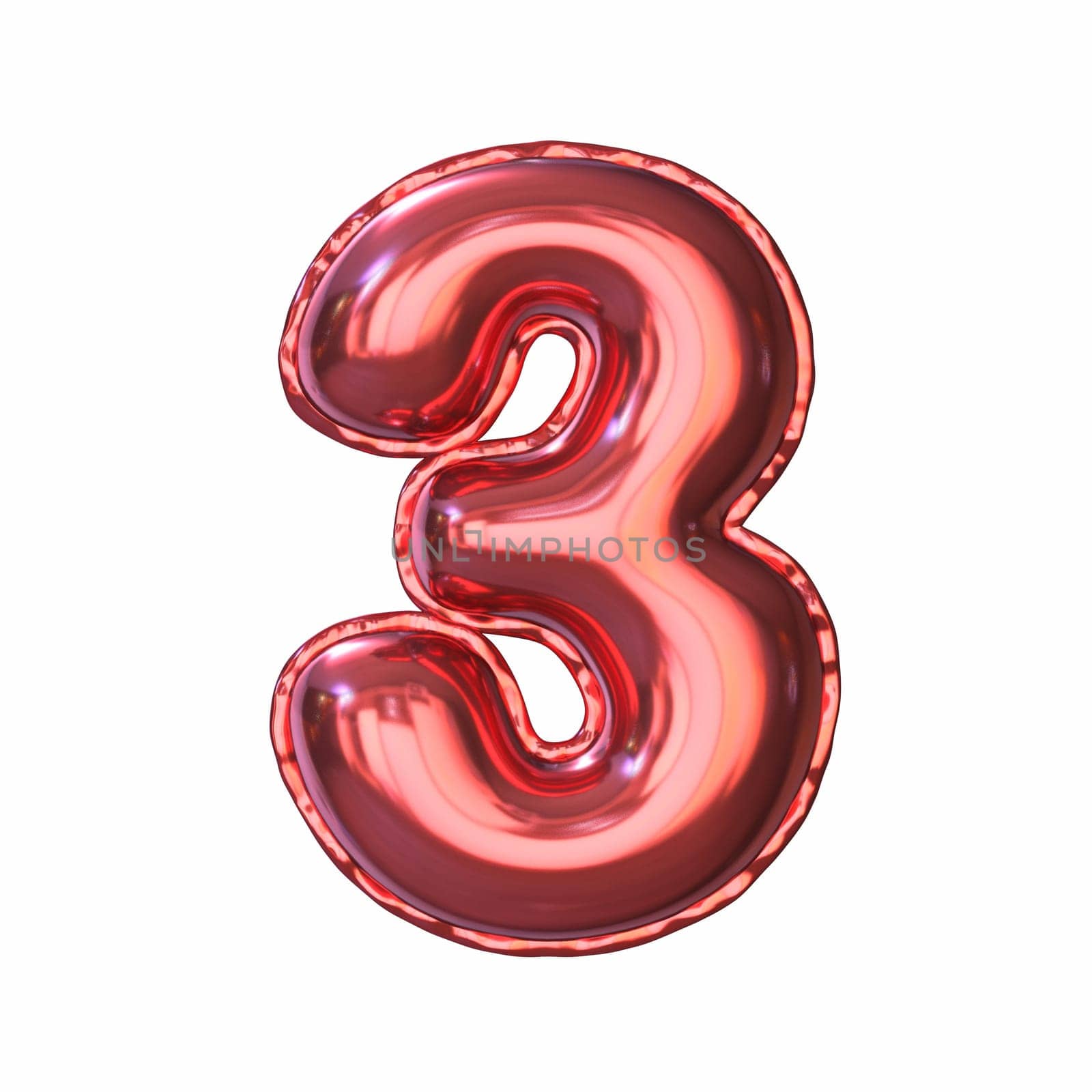 Red metallic balloon font Number 3 THREE 3D rendering illustration isolated on white background