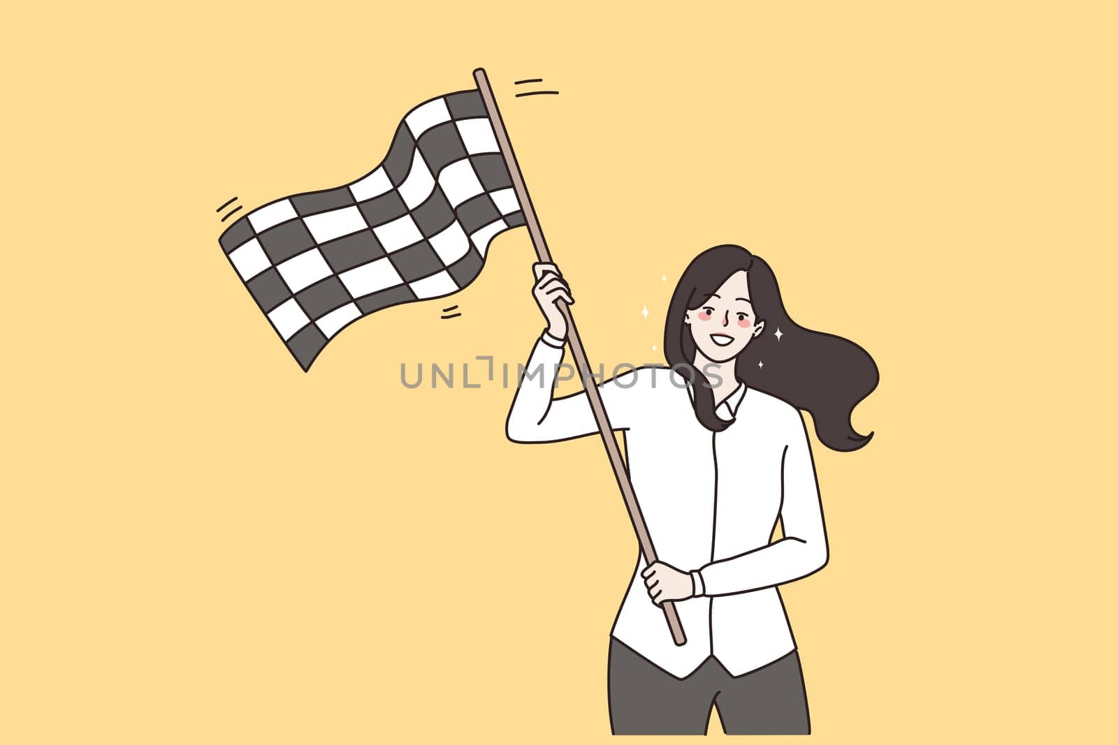 Success, business victory and celebrating concept. Young smiling business woman standing waving checkered flag to celebrate victory vector illustration