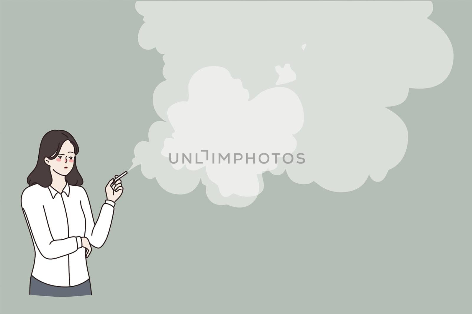 Unhealthy lifestyle and smoking concept. Young woman smoker standing smoking cigarette with lot of smoke on air vector illustration
