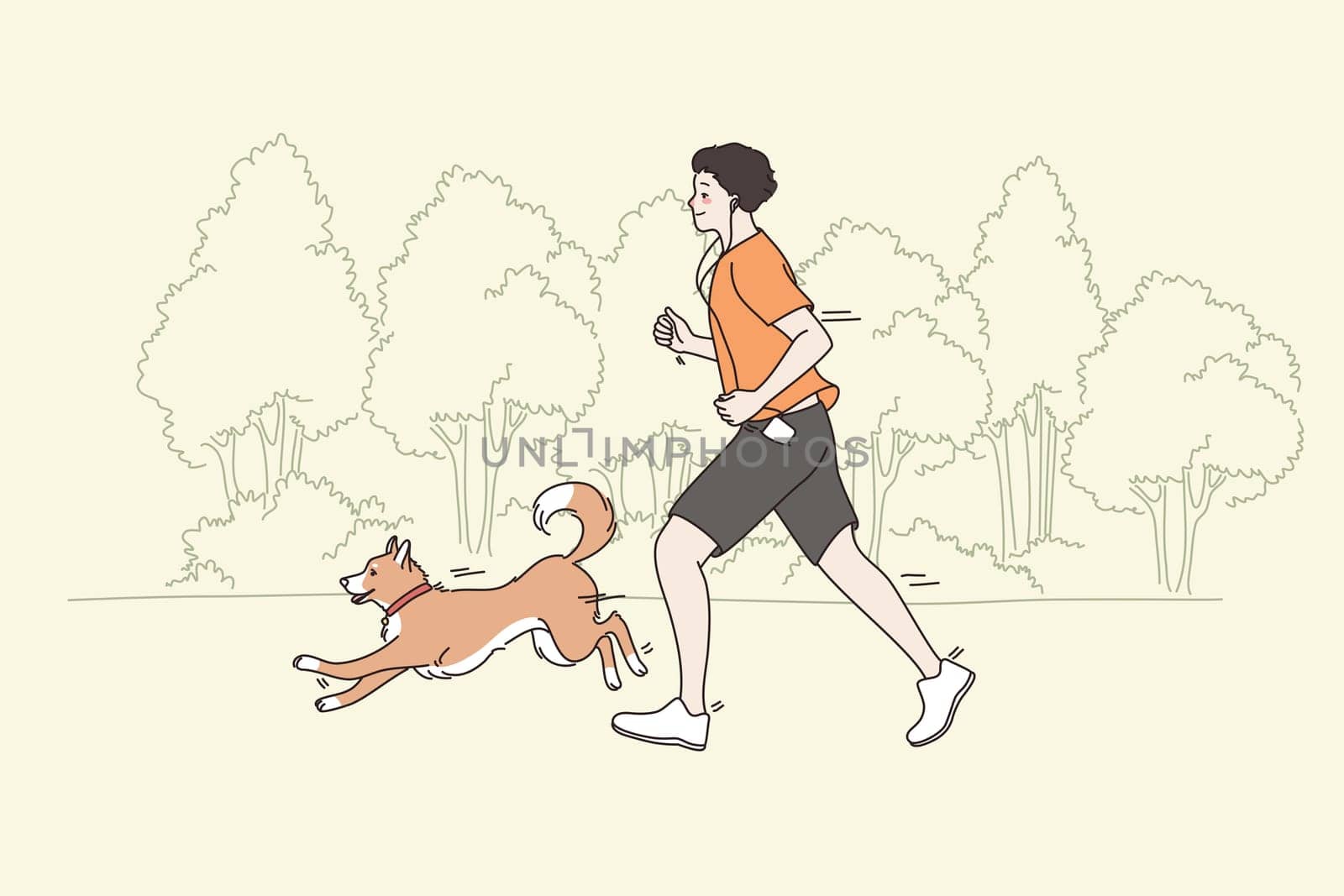 Spending time and sport with pets concept. Young smiling man running jogging in park with his dog running aside having fun and doing training together vector illustration