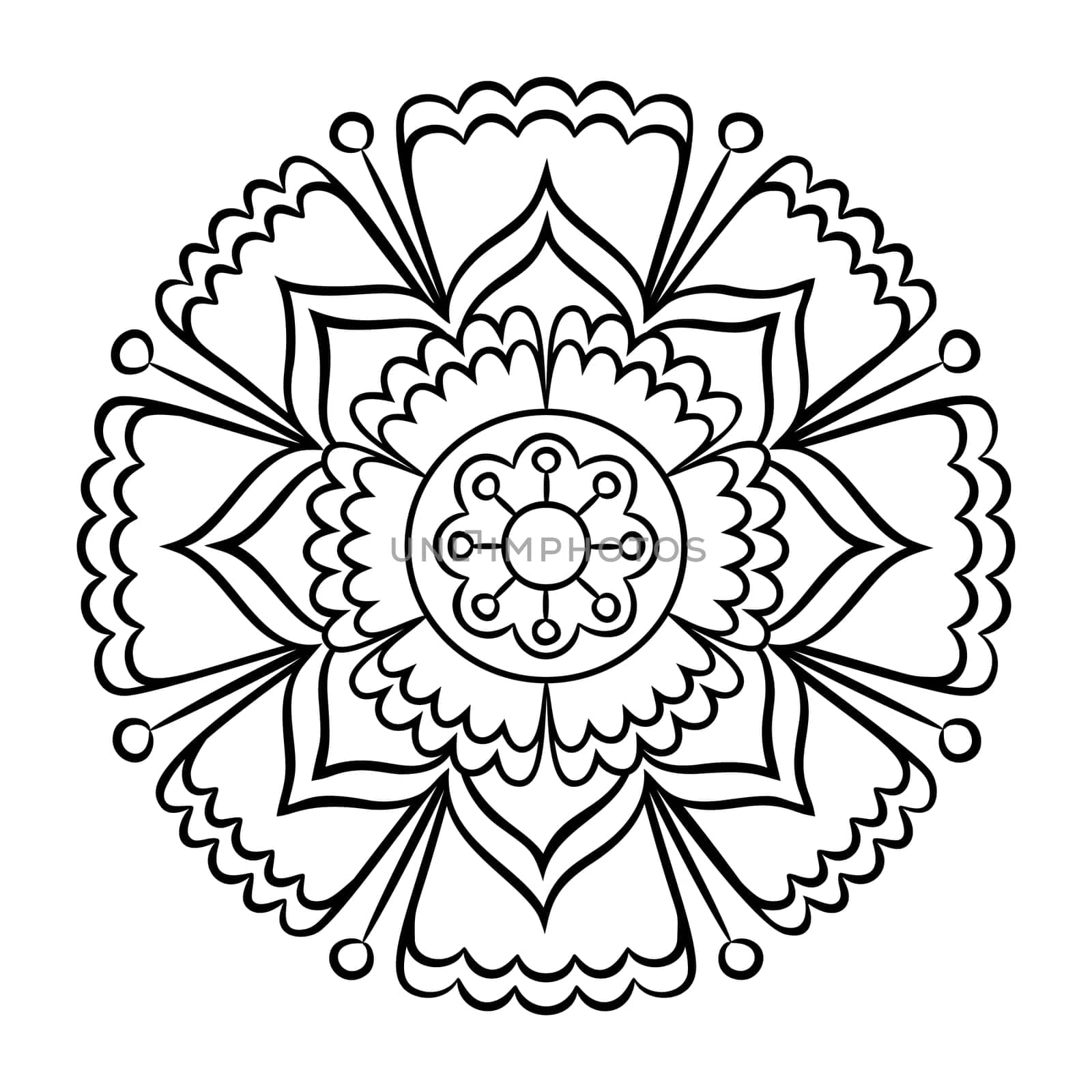 Doodle mandala coloring page. Outline floral design element. Coloring book pattern. Decorative round flower. Anti-stress therapy pattern on white background. Meditation poster. Vector illustration.