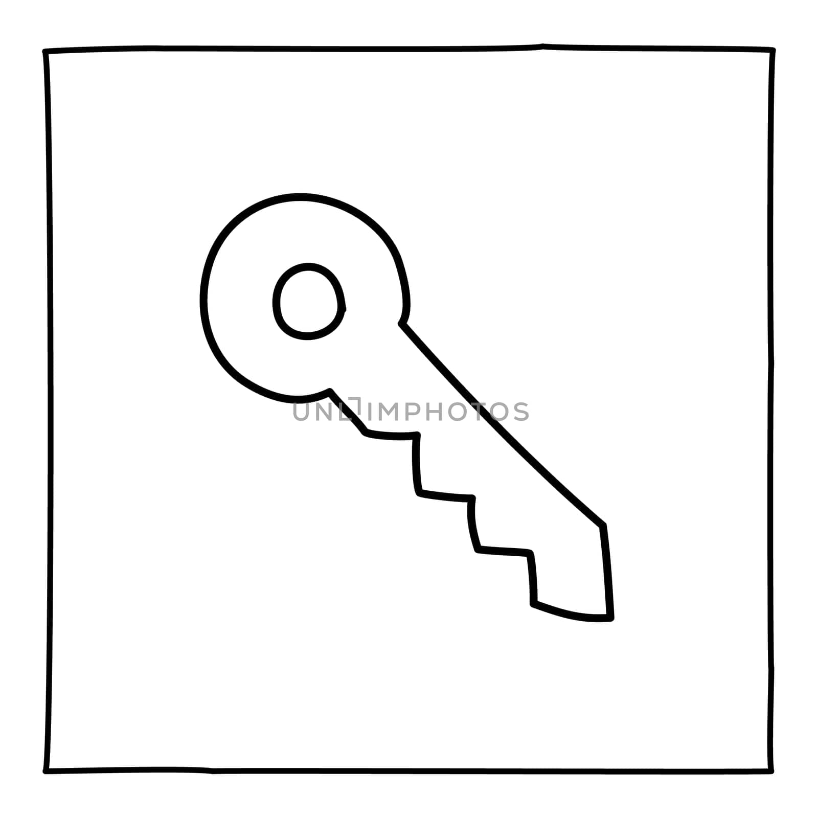 Doodle key icon or logo, hand drawn with thin black line. Graphic design element isolated on white background. Vector illustration