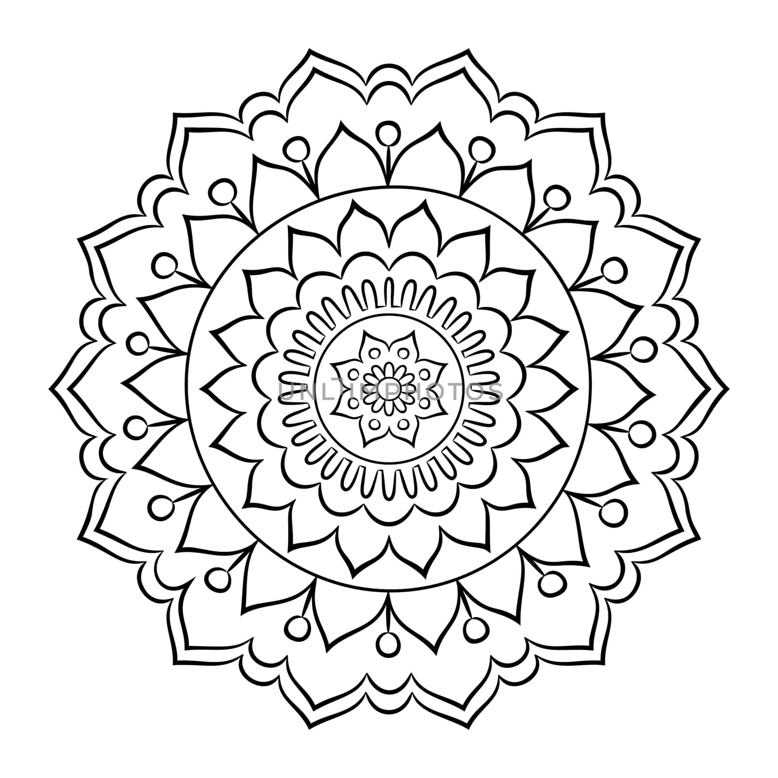 Doodle mandala coloring page. Outline floral design element. Coloring book pattern. Decorative round flower. Anti-stress therapy pattern on white background. Meditation poster. Vector illustration.