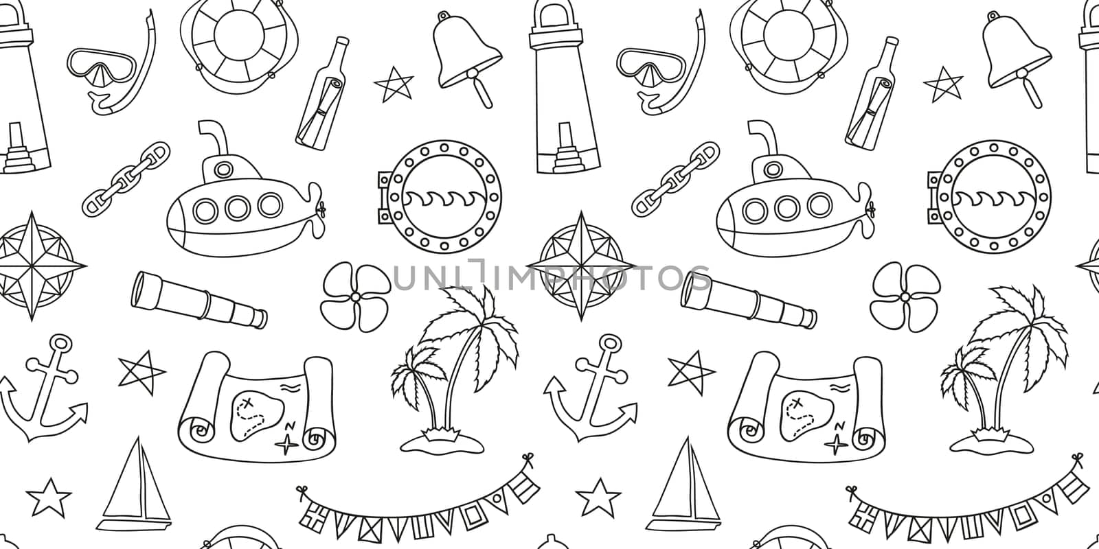 Nautical style seamless background with hand drawn elements in line art style. Endless pattern for baby shower invitations, children toys packaging paper, boy room wallpaper. Vector illustration