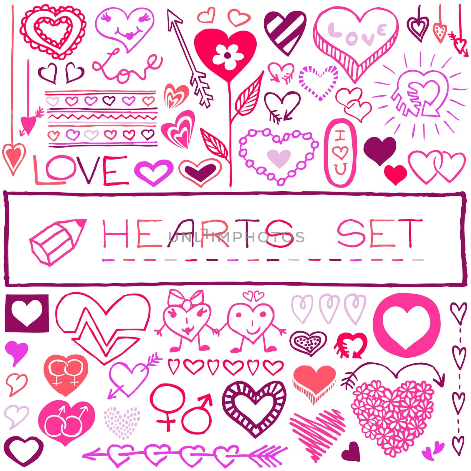 Hand drawn heart icons, arrows, flowers. Graphic design grunge sketch style elements for Valentine's day, birthday card, baby shower, wedding invitation, app, infographics, poster. Vector illustration