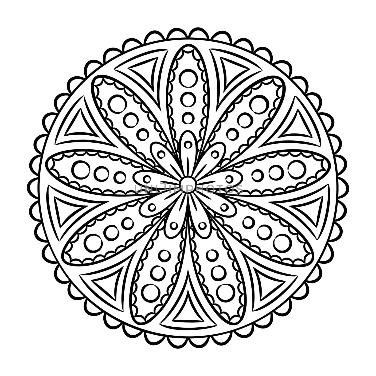 Doodle mandala coloring page. Outline floral design element. Coloring book pattern. Decorative round flower. Anti-stress therapy pattern on white background. Meditation poster. Vector illustration.