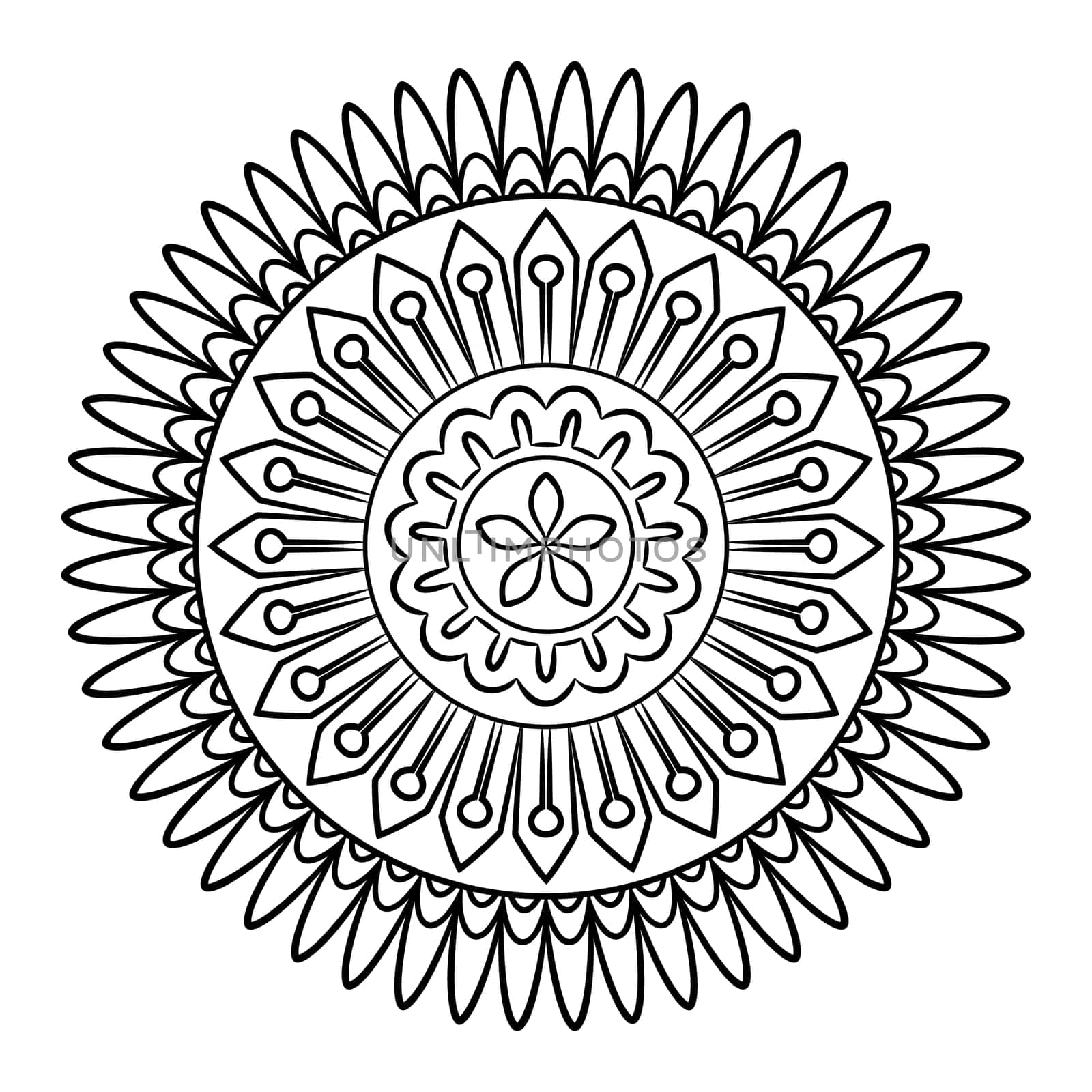 Doodle mandala coloring page. Outline floral design element. Coloring book pattern. Decorative round flower. Anti-stress therapy pattern on white background. Meditation poster. Vector illustration.