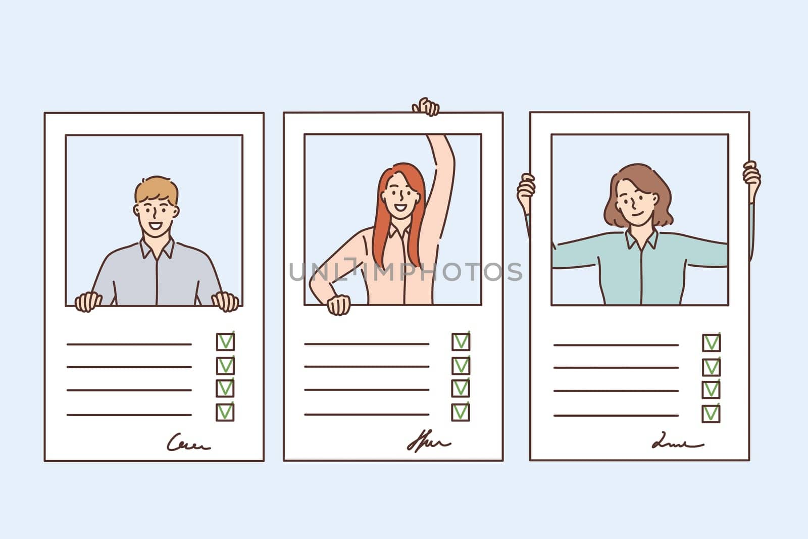 Resume, questionnaire and fulfilling forms concept. Profiles of young people candidates with signs and personal information fulfilled in forms vector illustration