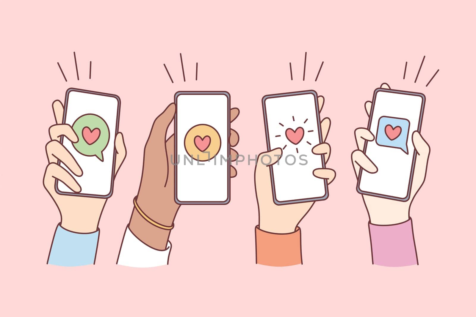 Online dating, love and mobile concept. Hands of people holding smartphones with hearts and communication chats on screens vector illustration