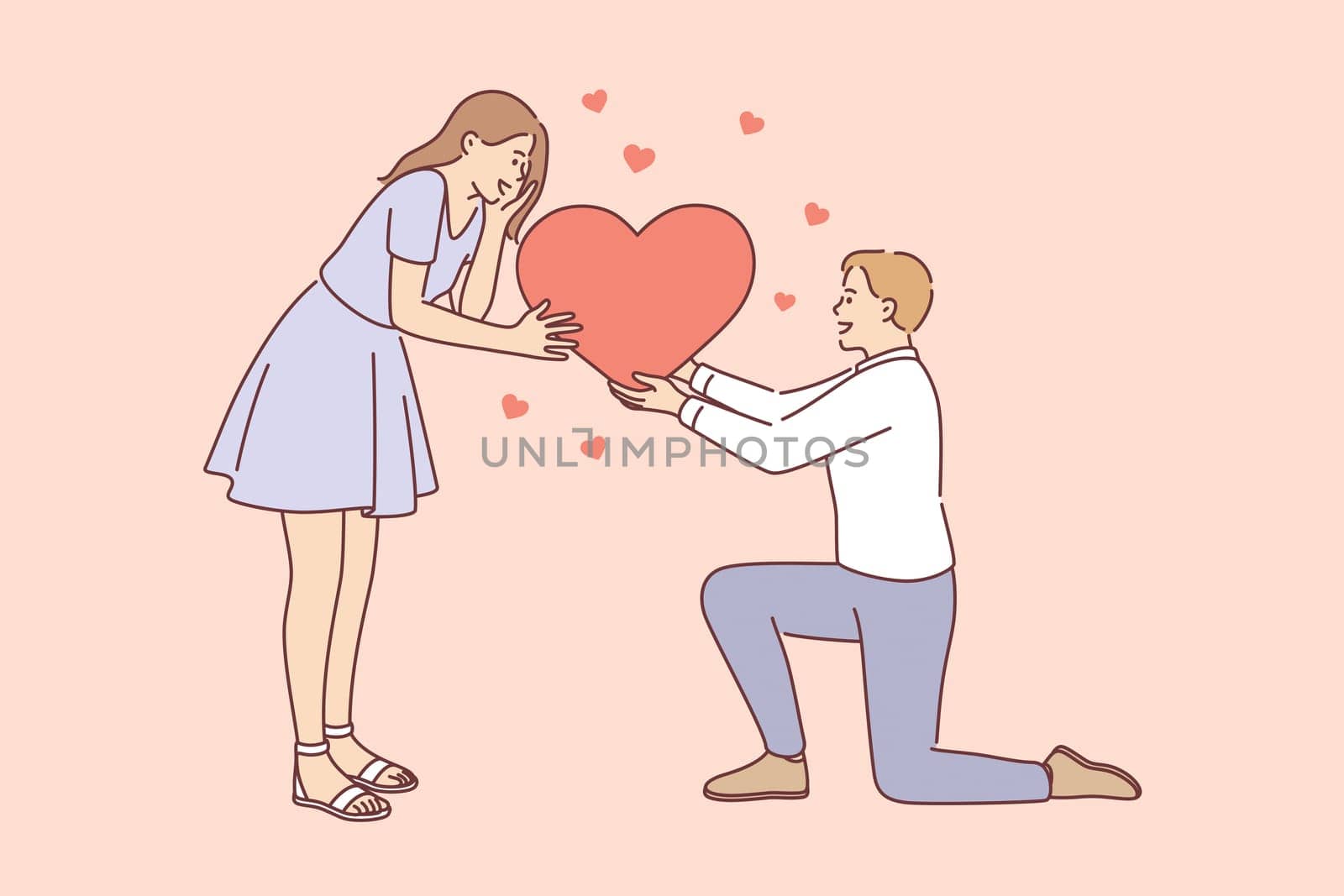 Love, romance and dating concept. Young happy smiling loving Man and woman connecting halves of big red heart feeling in love vector illustration
