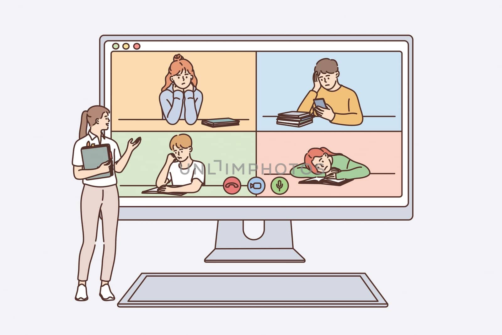 Online education and class concept. Young smiling woman teacher standing explaining lesson to tired children on laptop screens online vector illustration