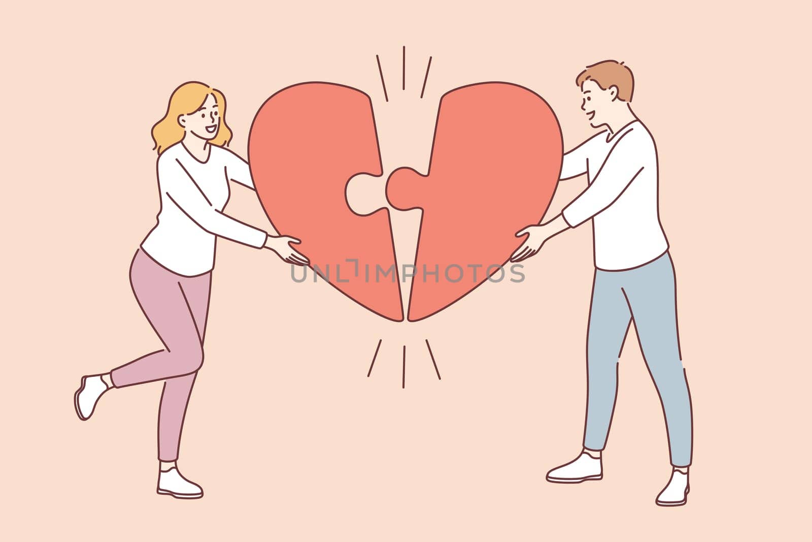 Valentines day, Love, romance concept. Young happy smiling loving Man and woman lovers connecting halves of big red heart feeling in love one family vector illustration