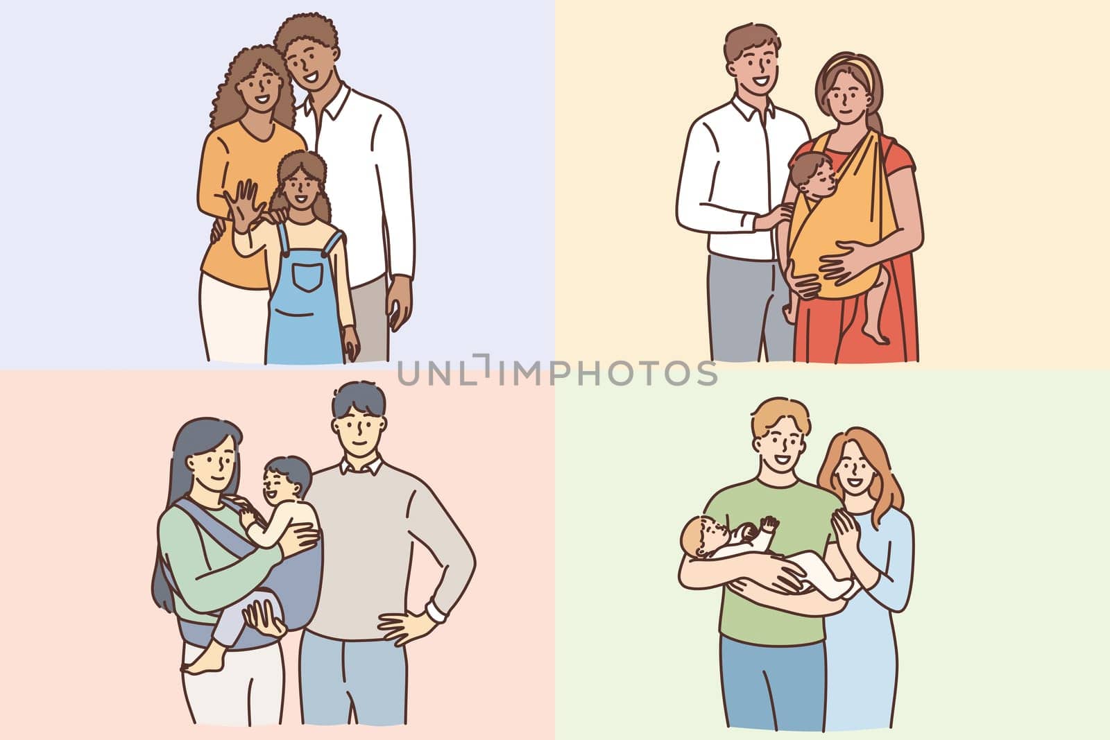 Happy families with children concept. Young smiling couples parents families standing with their children kids sons and daughters feeling happy together vector illustration
