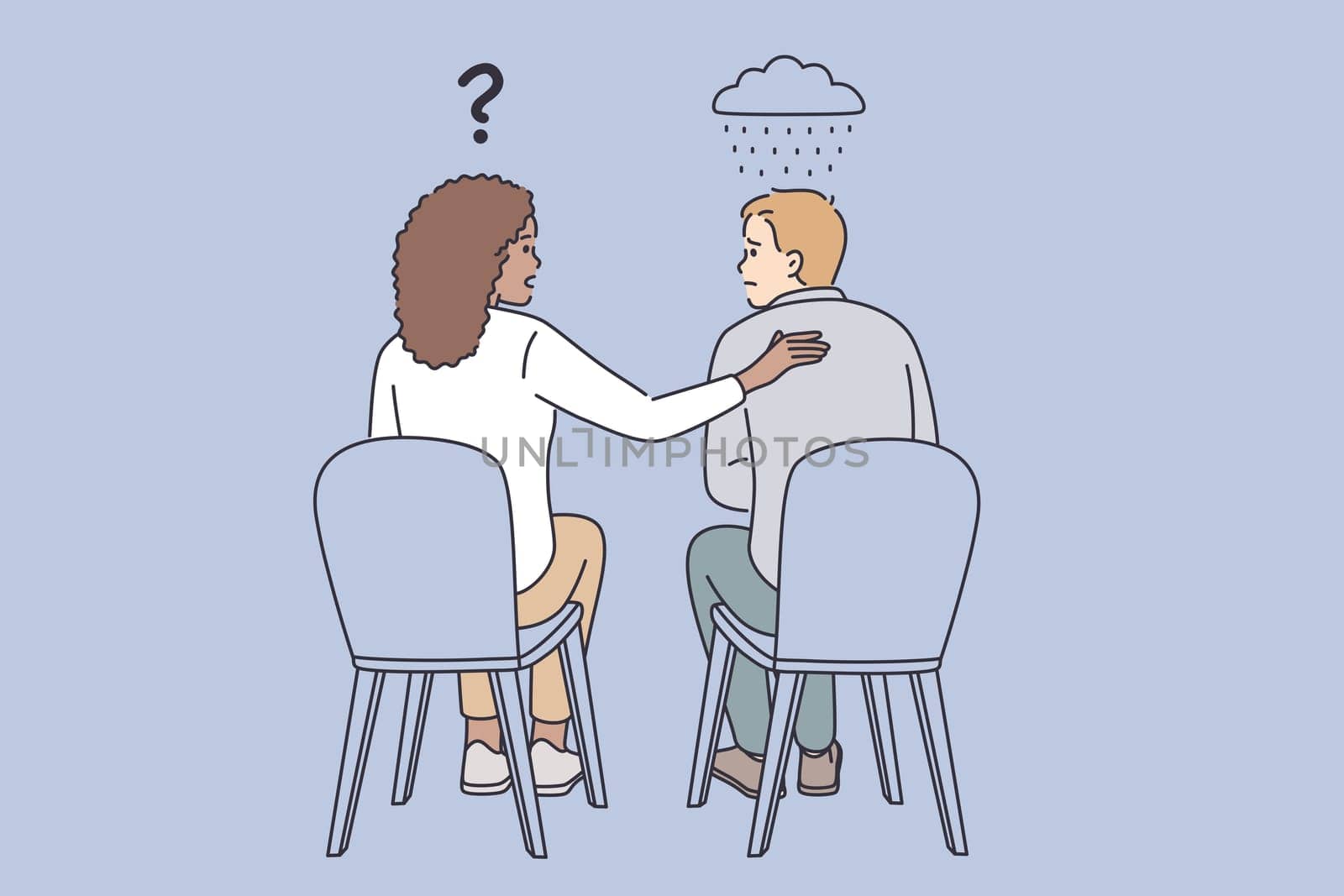 Empathy, support and understanding concept. Young smiling woman sitting Comforting her sad disappointed friend consoling and encouraging her colleague vector illustration