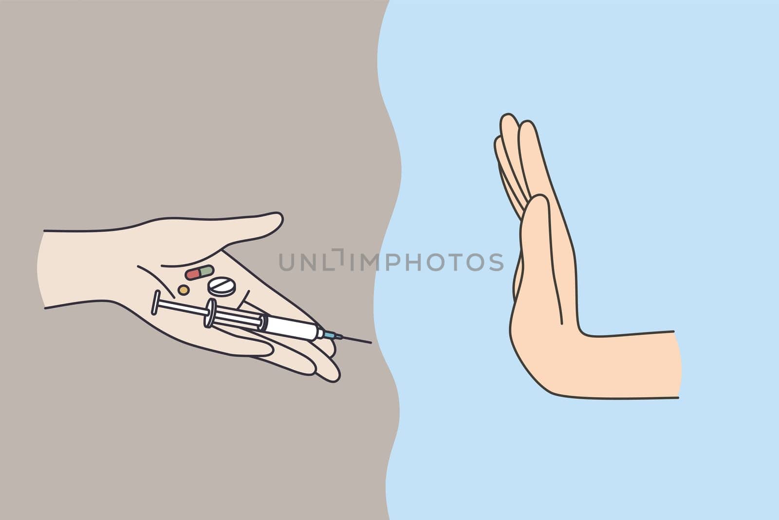 Refusal from drugs and pills concept. Human hand refusing and saying no to syringe narcotic drugs pills from human hand vector illustration