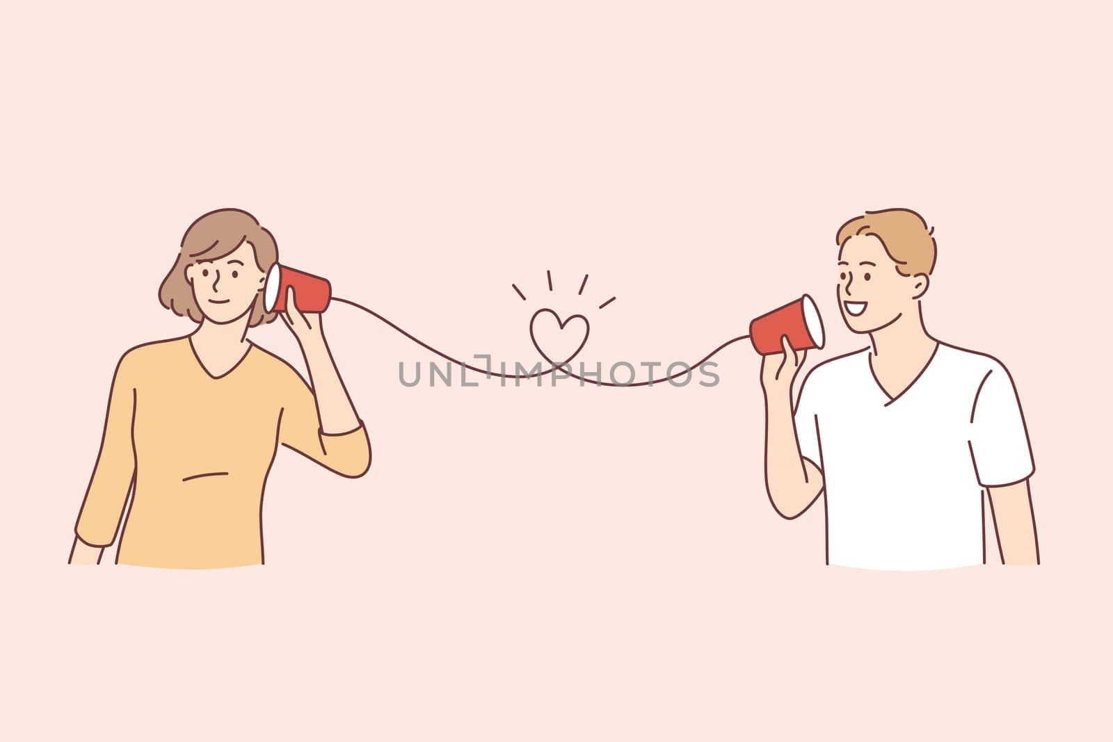 Happy Valentines day holiday concept. Happy smiling young cute couple calling card on paper phone listening and talking communicating vector illustration