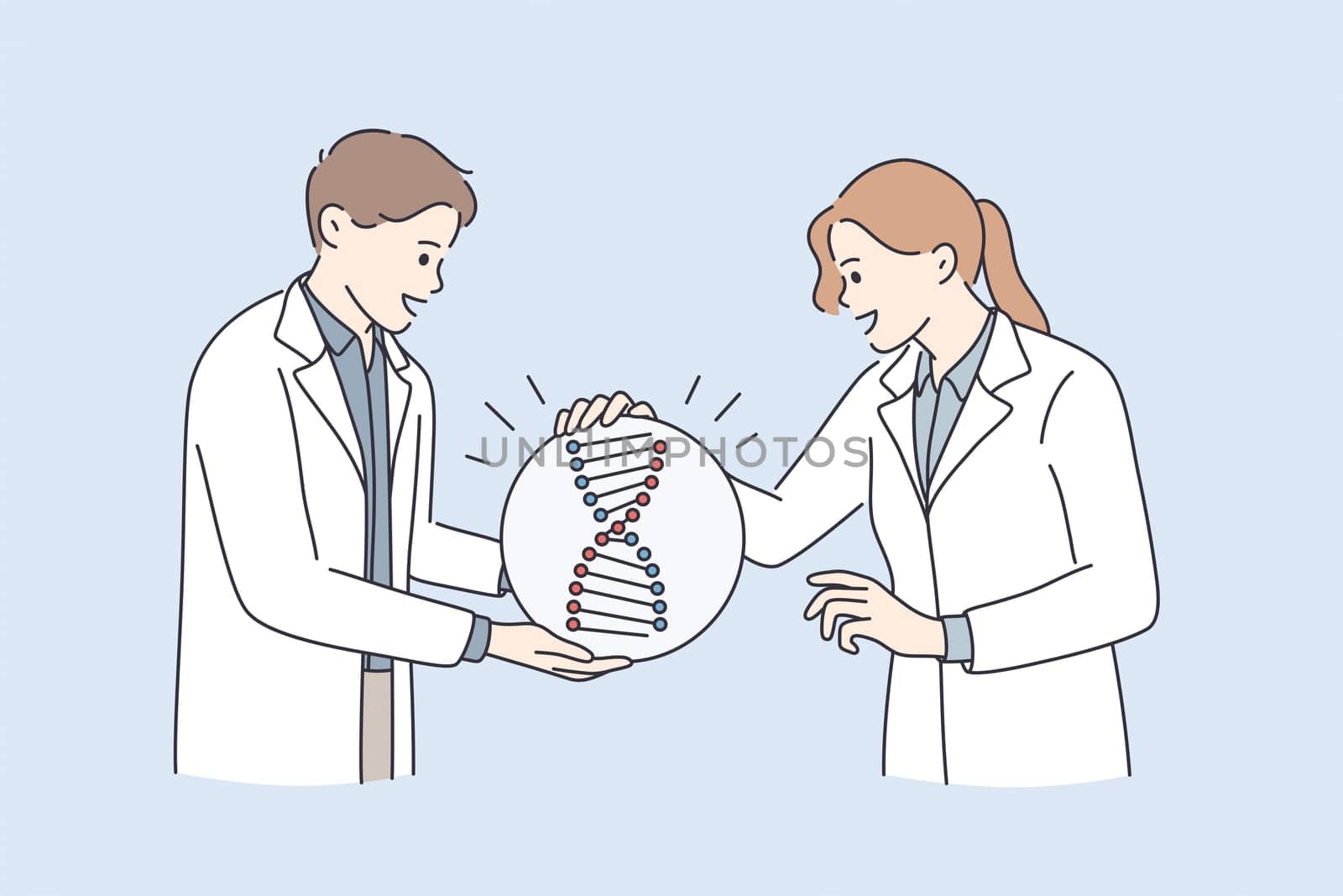 Genetic research and dna tests concept. Young man and woman doctors scientists standing around huge dna molecule talking discussing scientific experiment vector illustration