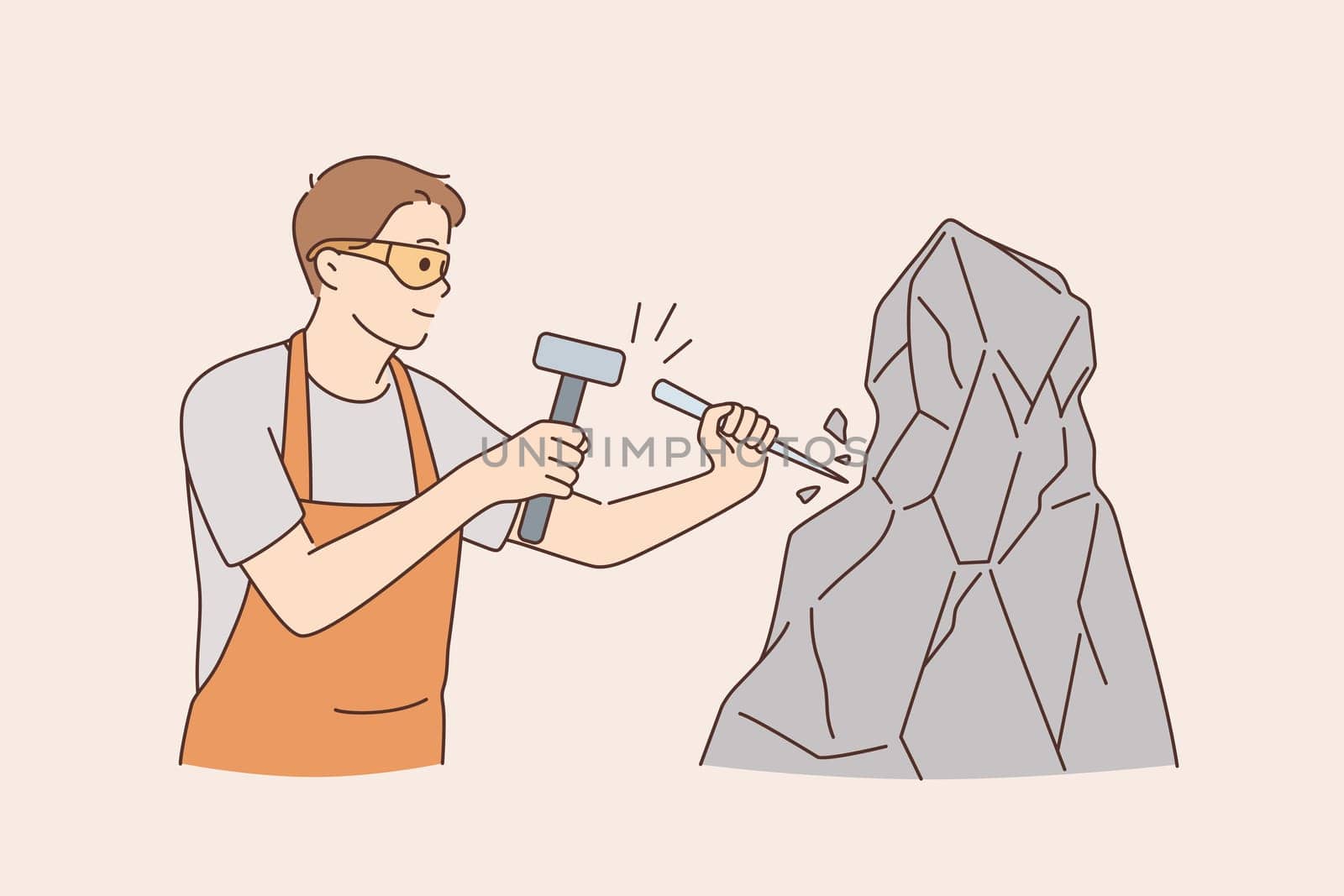 Working as stonecutter with tools concept. Young positive man stonecutter using hammer and stick to work with rock stone concrete wearing glasses and apron vector illustration