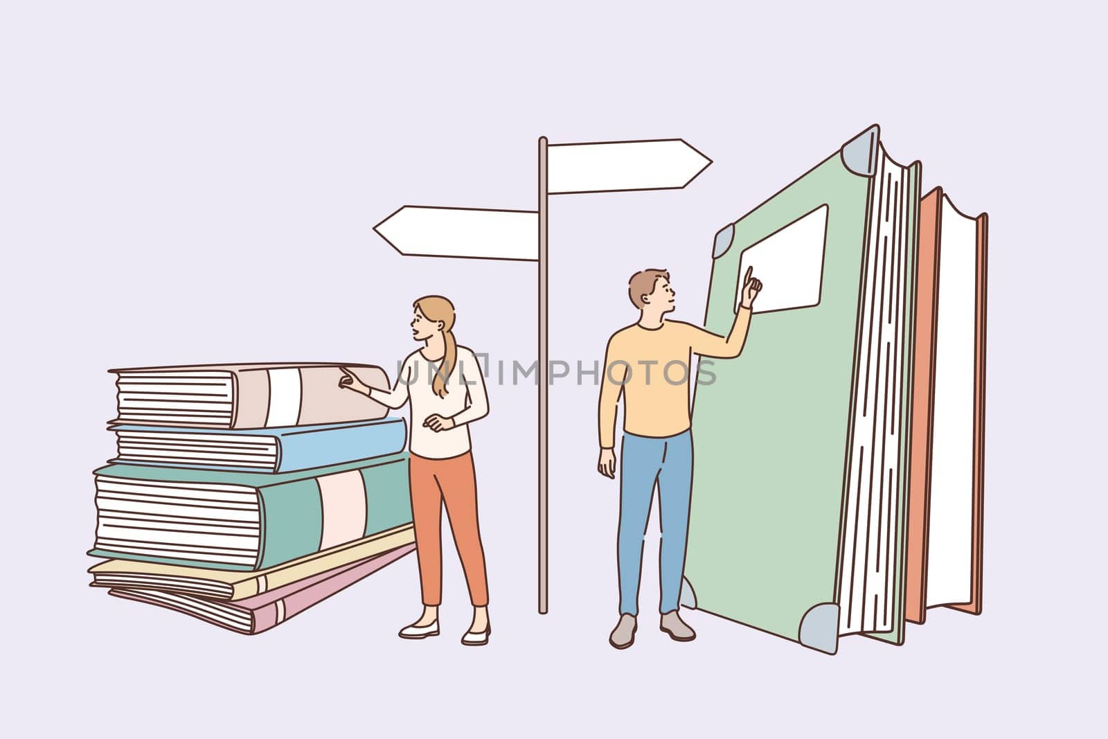Education, knowledge and choosing profession concept. Young girl and boy standing bear books heaps choosing way of development profession speciality vector illustration