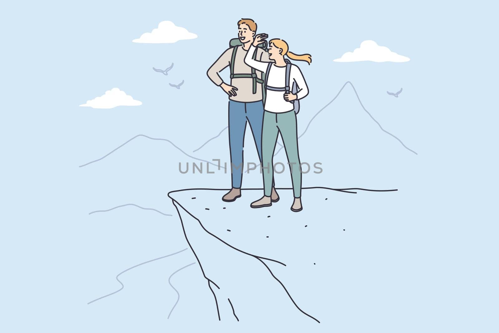 Trip, adventure and summer vacations concept. Young happy couple cartoon characters standing with backpacks looking at scenery view from mountain top peak feeling freedom vector illustration