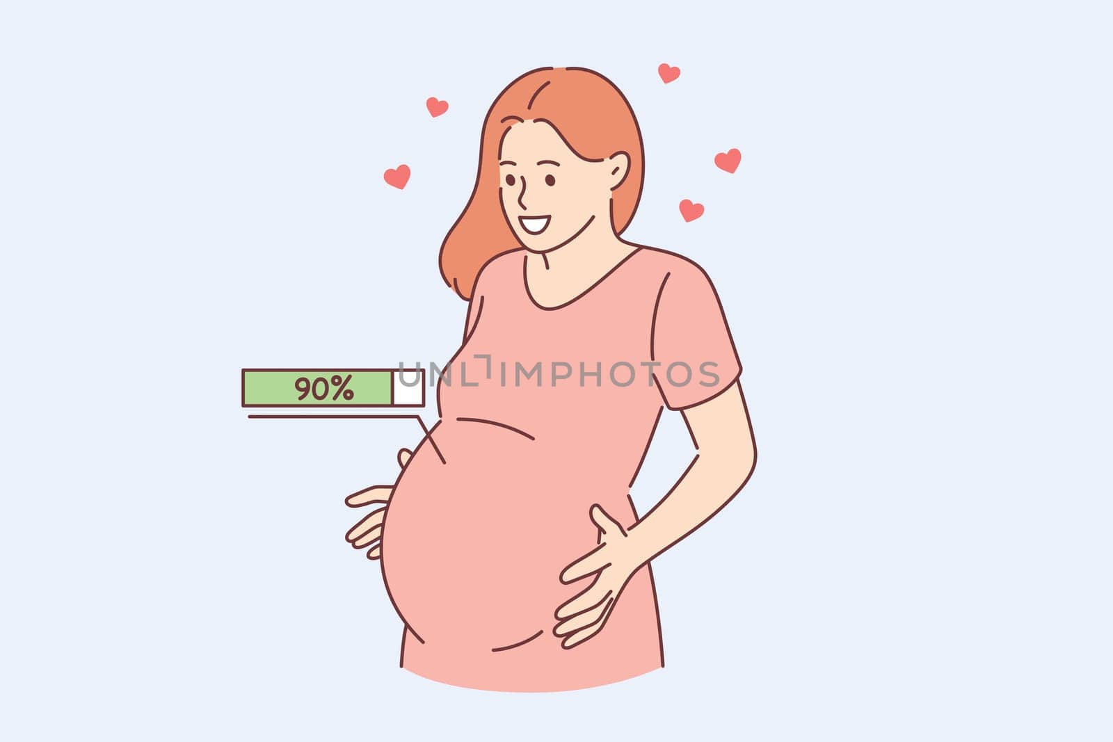Happy pregnancy process and expectation concept. Happy young pregnant woman embracing belly with 90 percent of pregnancy and expectation inside feeling love vector illustration