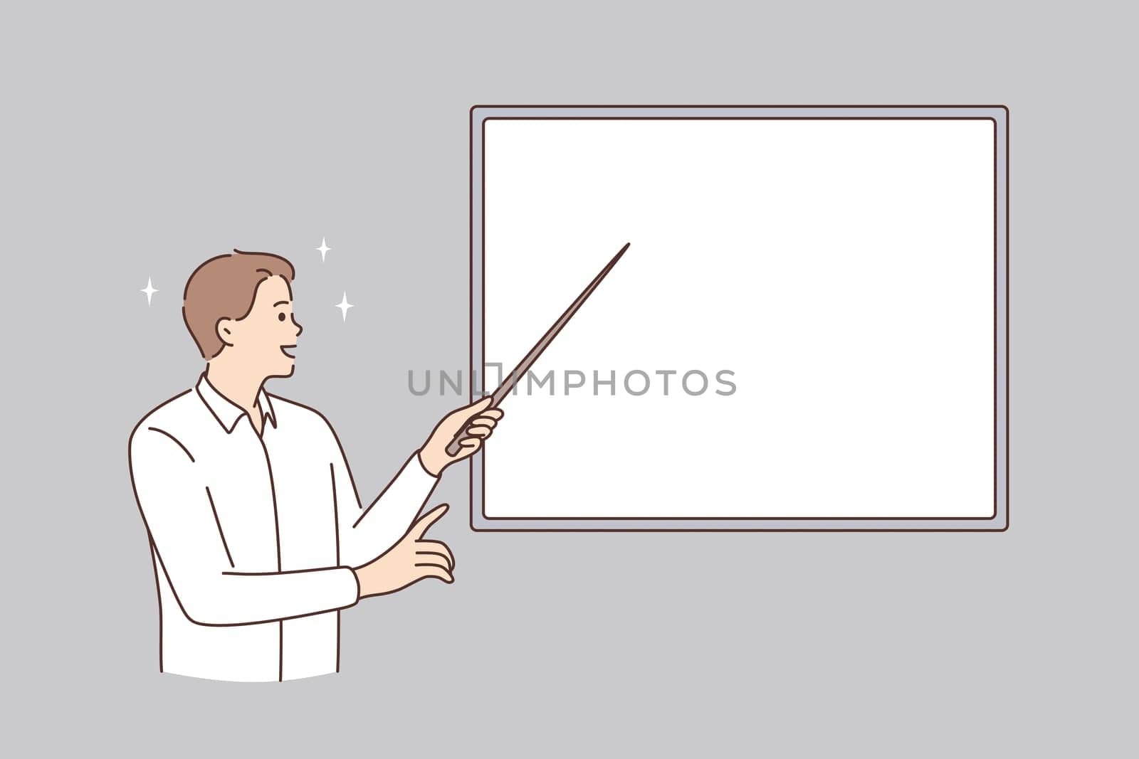 Education and white blackboard concept. Young smiling man teacher lecturer standing pointing with stick to white mockup copy space blackboard vector illustration