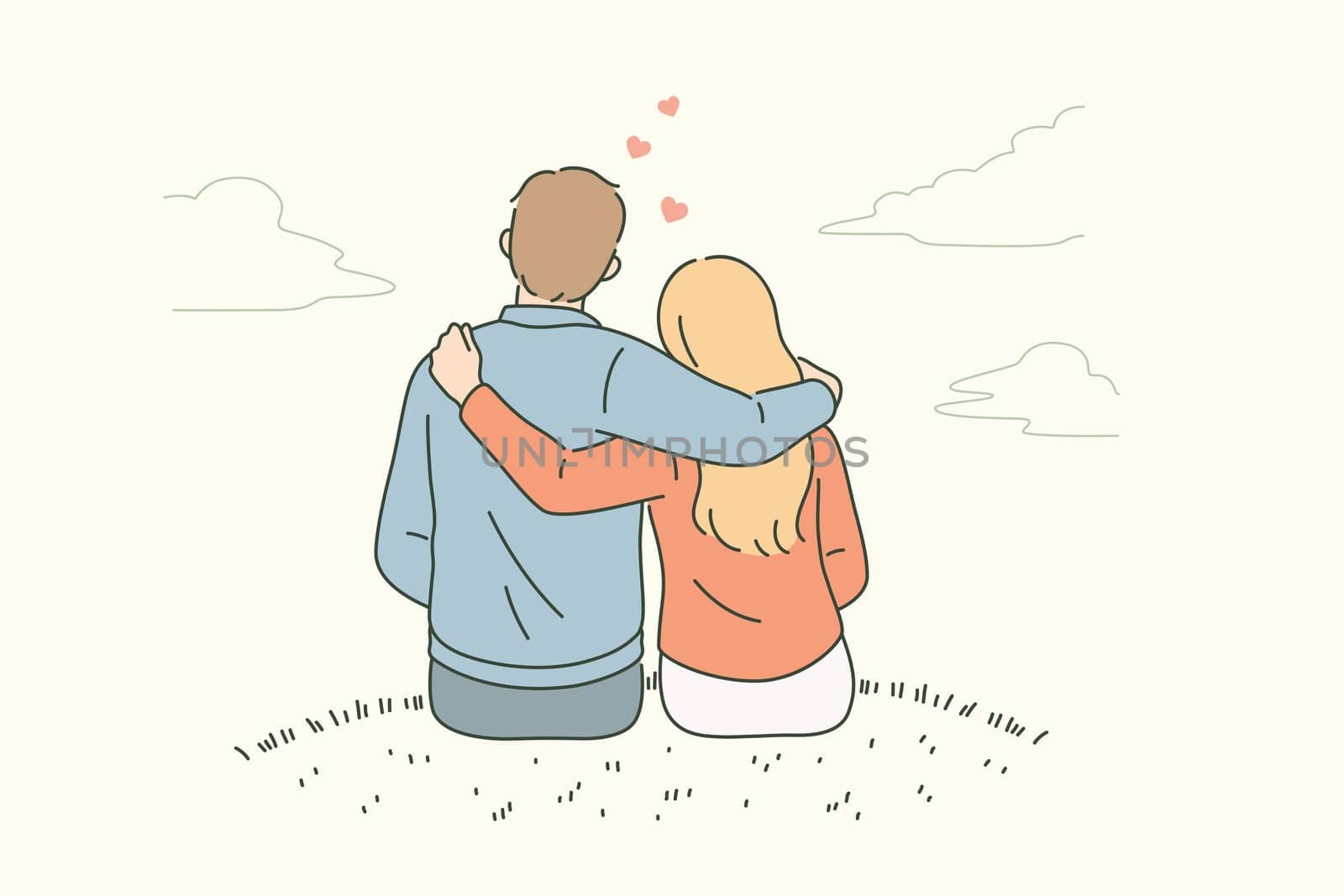 Love, dating, romance and feelings concept. Young loving couple sitting backwards embracing looking at horizon feeling in love vector illustration
