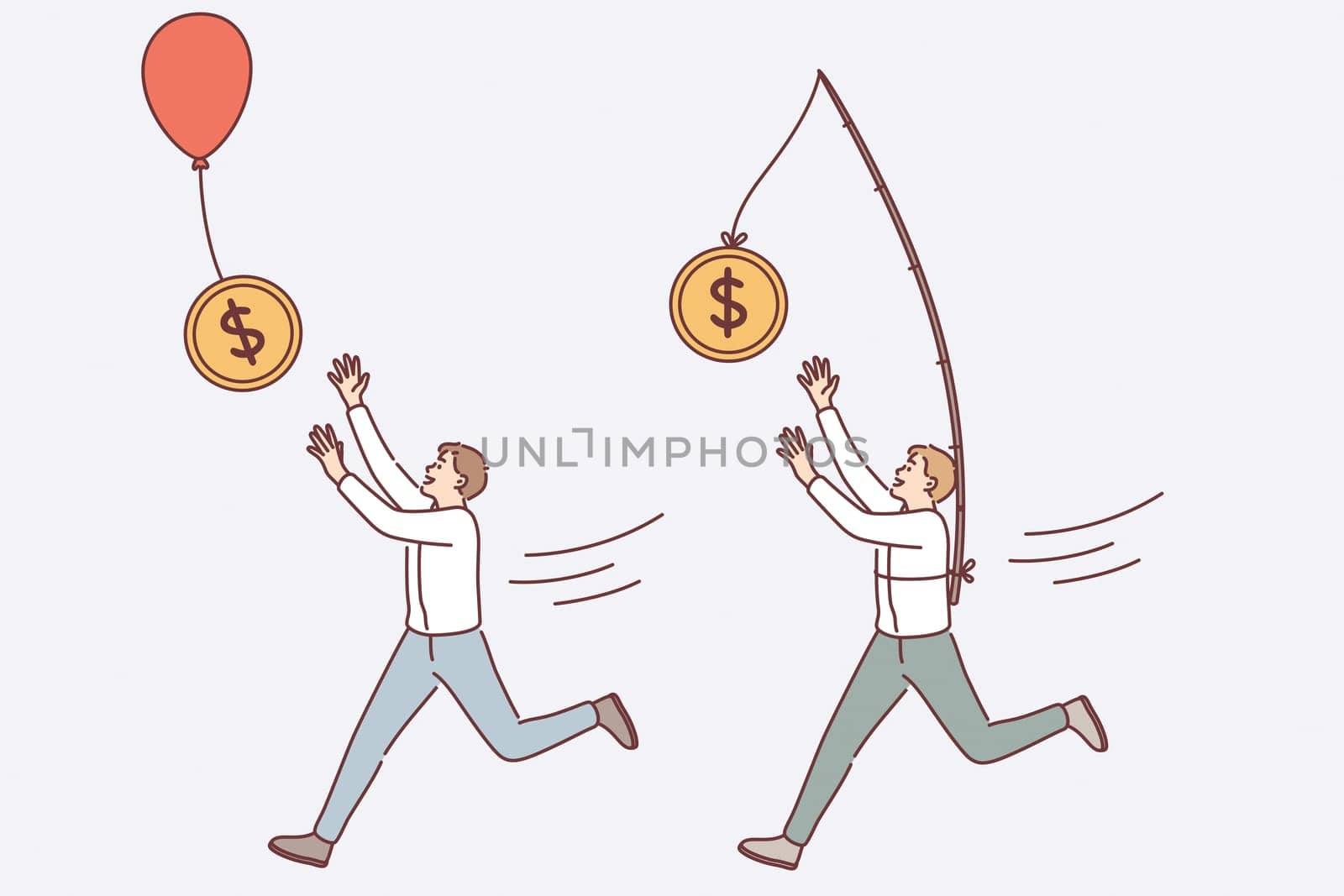 Financial success and wealth concept. Young smiling businessmen cartoon characters running trying to catch flying dollar coins money on balloons and stick vector illustration