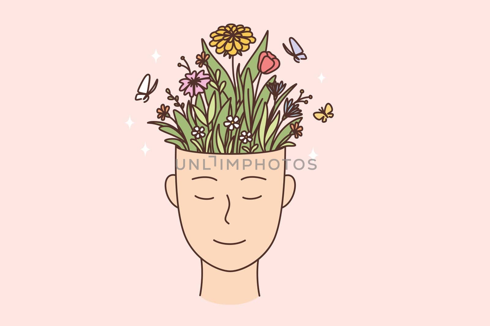 Creativity, personal development, individual growth concept. Human hand with smile and full of flowers blooming in pot vector illustration