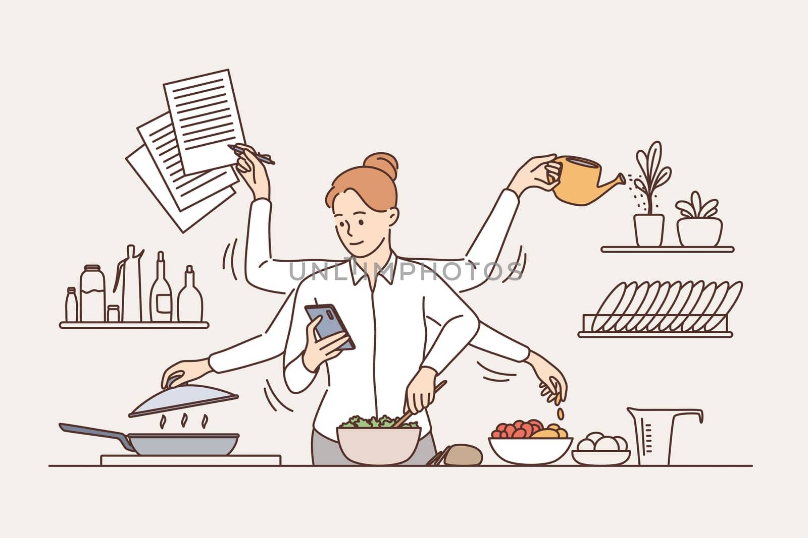Multitasking and time management concept. Young smiling woman with six arms performing many tasks simultaneously in kitchen vector illustration