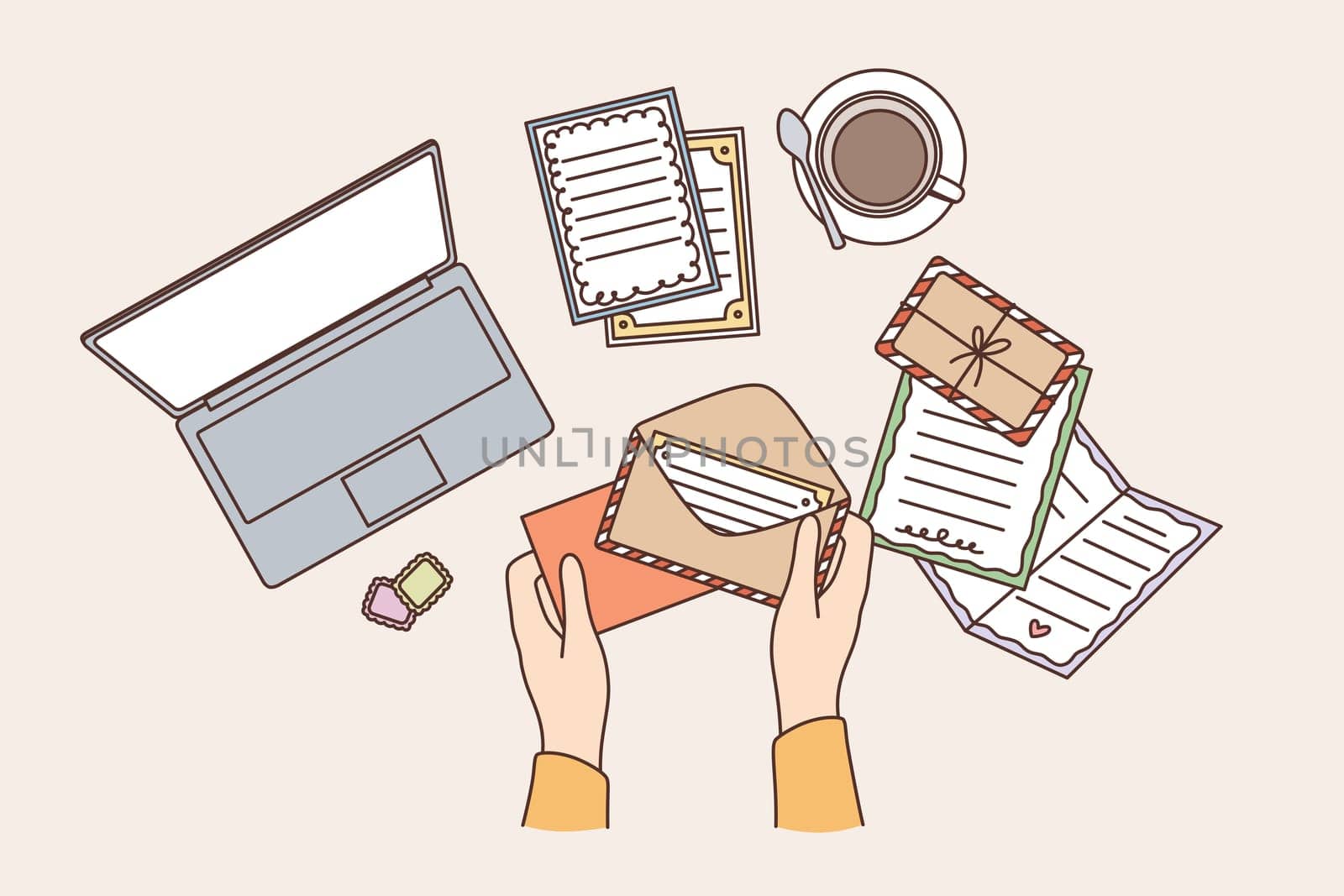 Workplace space and table concept. Top view of human hands sending postcard in envelope on working table vector illustration