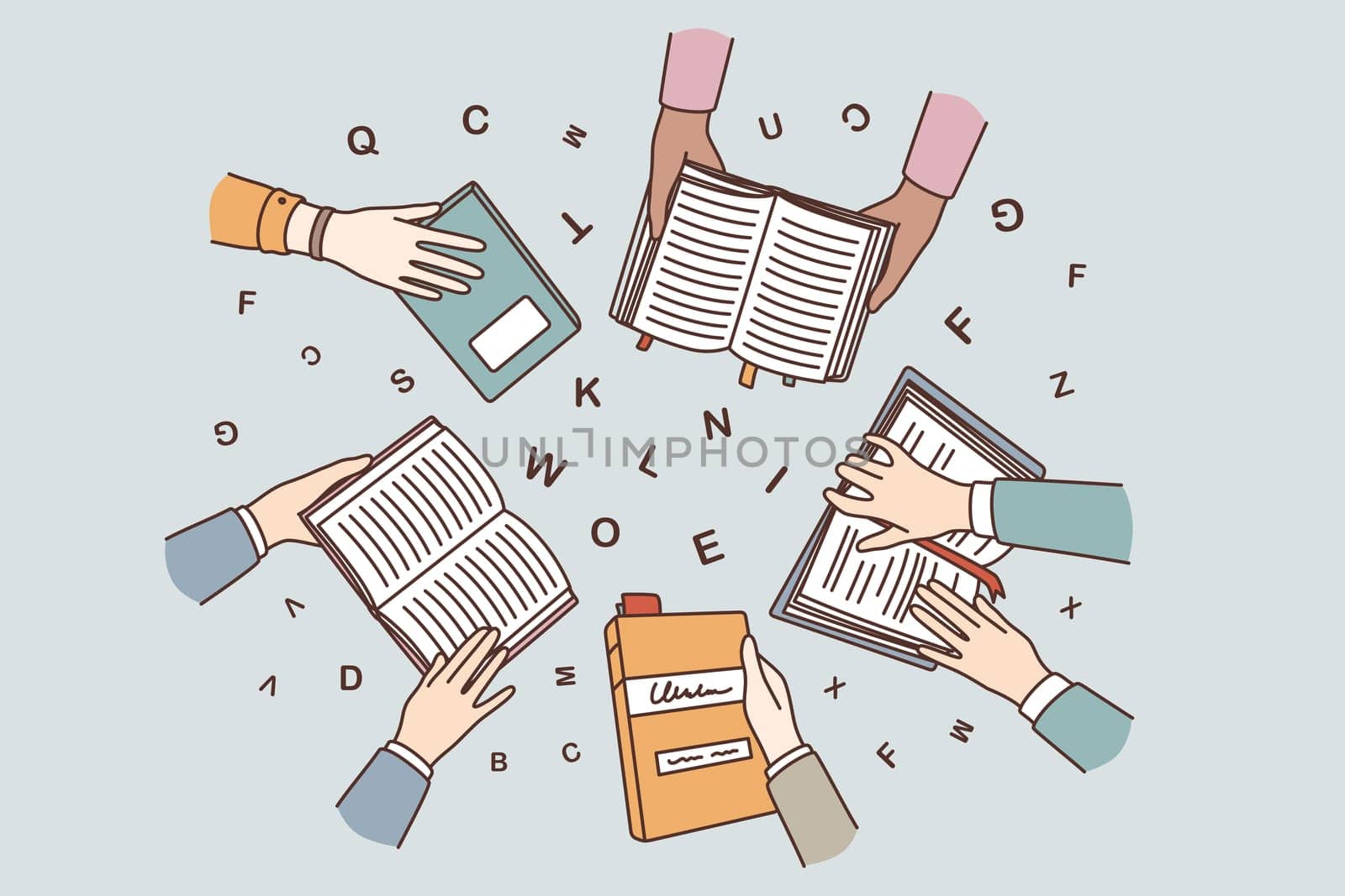 Education, learning and reading concept. Top view of human hands holding books learning studying with letters flying over vector illustration