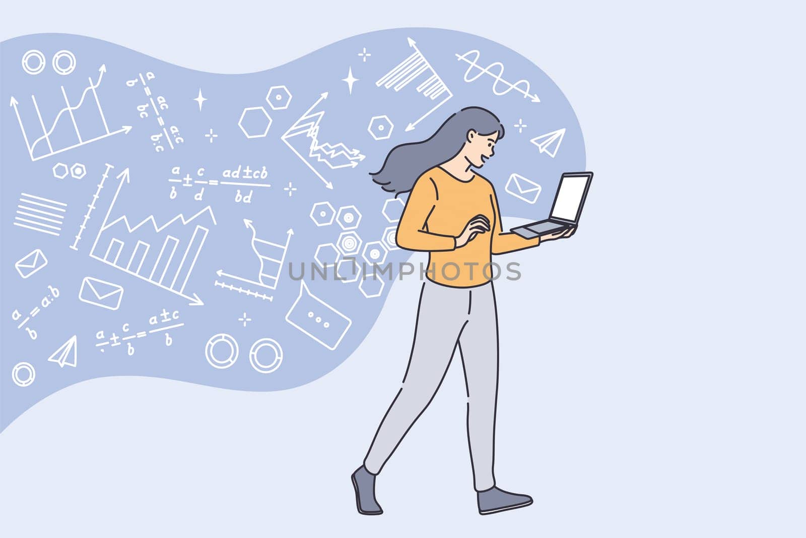 Higher education and studying online concept. Young smiling female student standing learning mathematics online on laptop screen vector illustration