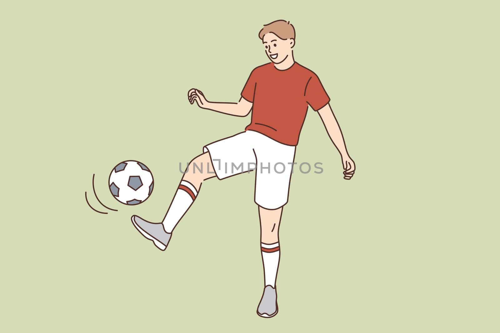 Sport hobby and active lifestyle concept. Young smiling man boy cartoon character kicking ball playing soccer in sportswear vector illustration