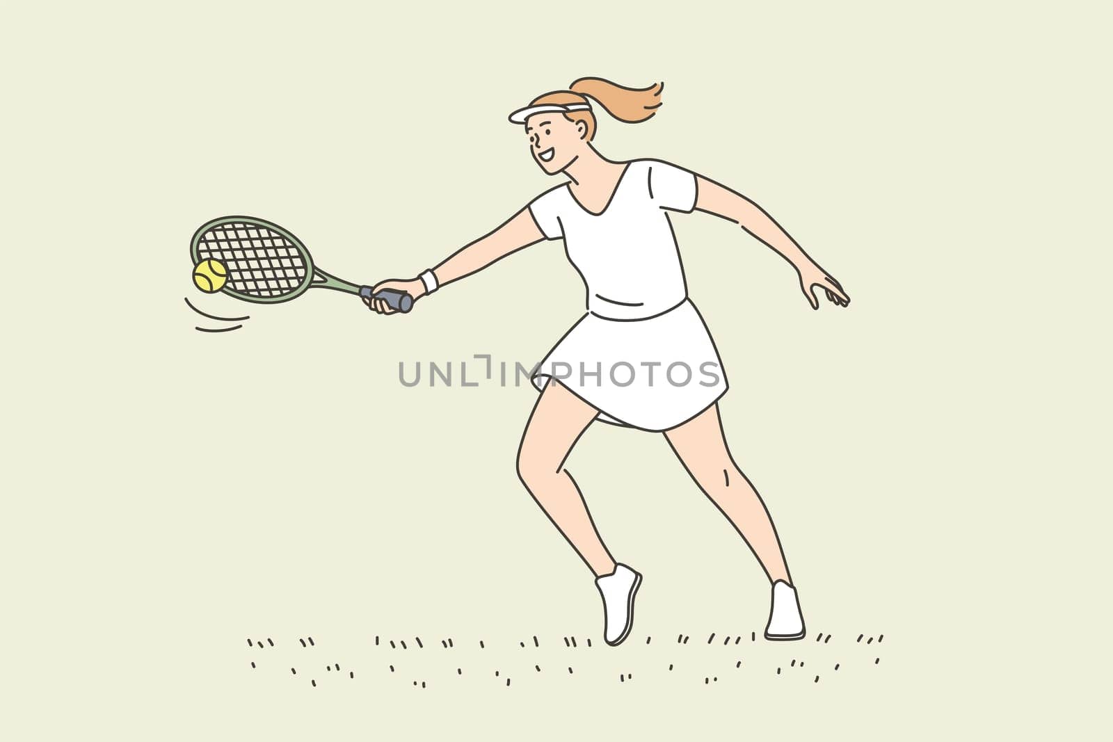 Professional tennis player and active lifestyle concept. Young smiling woman athlete sportsman cartoon character holding racket playing tennis having active lifestyle vector illustration