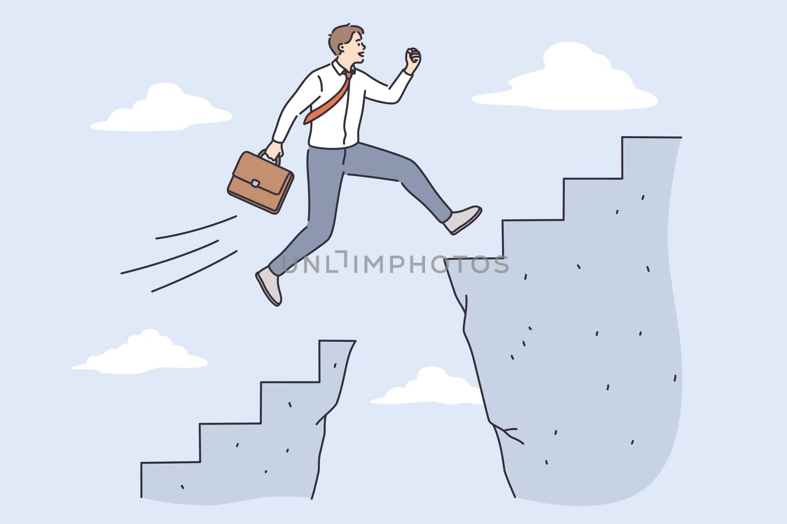 Business challenge and success concept. Young confident Businessman cartoon character Jumping over abyss for development and success in job vector illustration